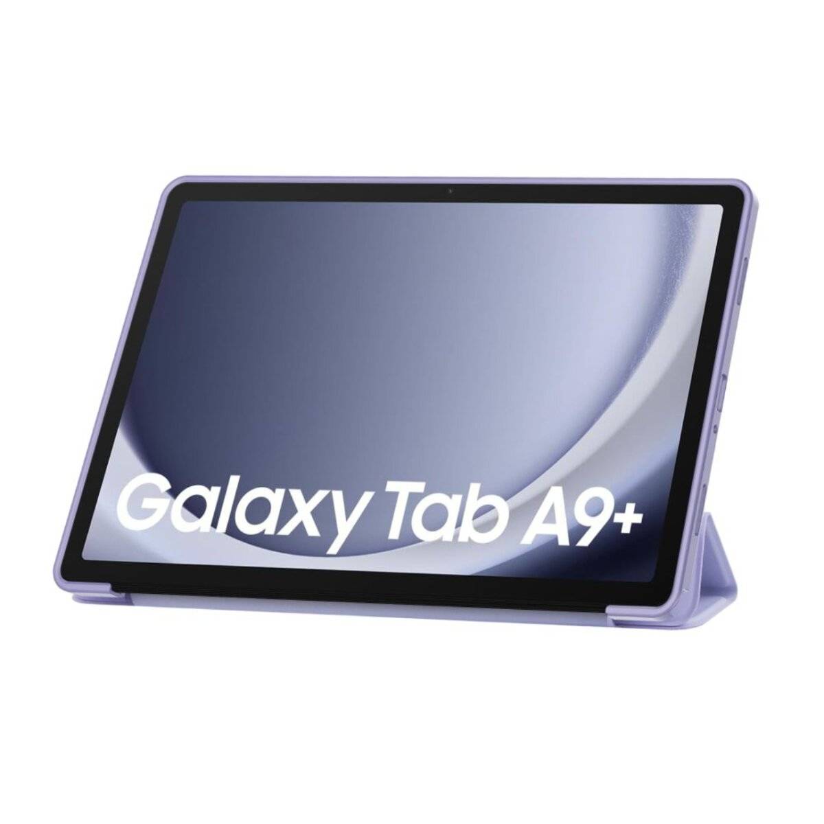 Ein Galaxy Tab A9+ Tablet mit schlankem Design steht auf einer Schutzhülle und zeigt auf dem Bildschirm 