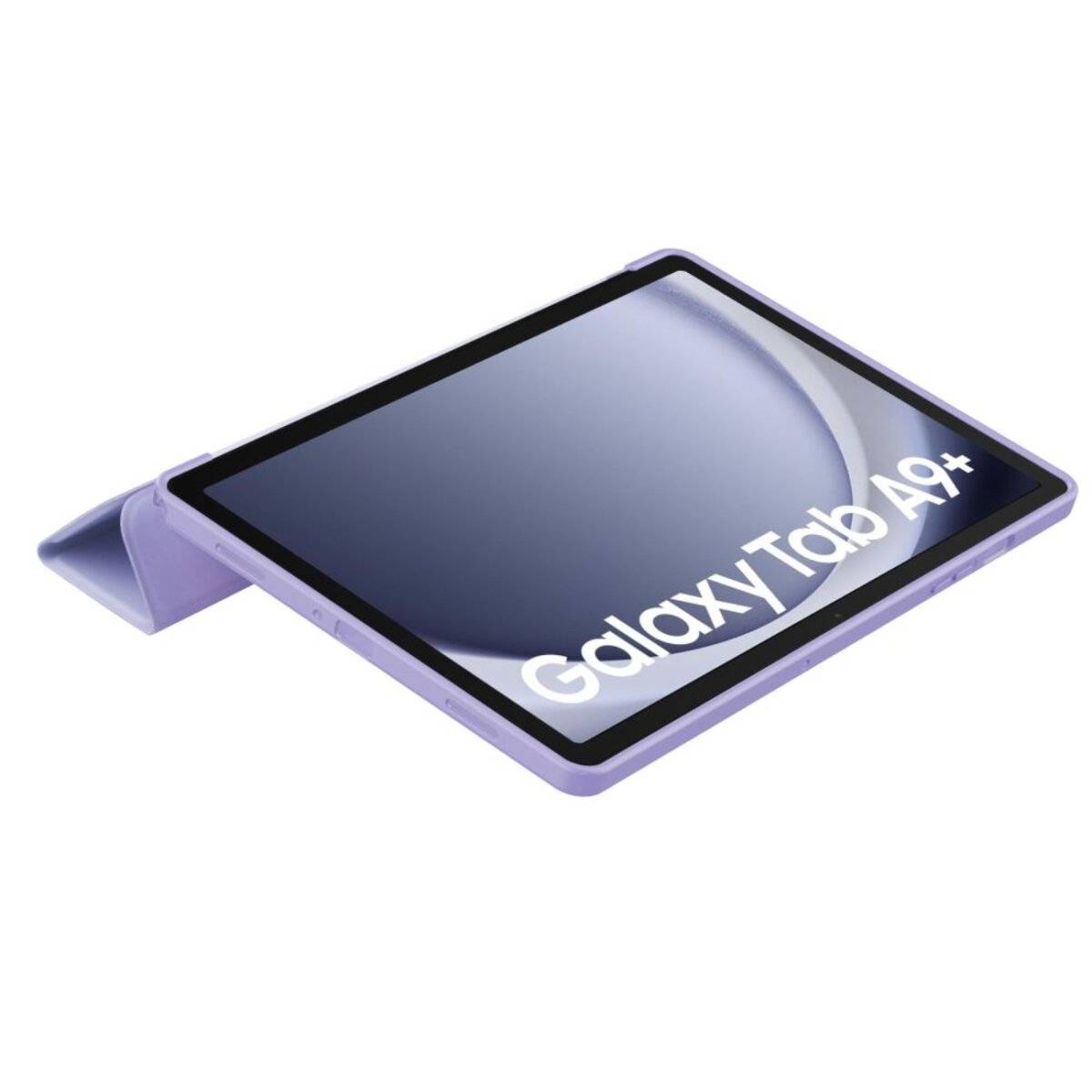 Ein violettes Galaxy Tab A9+ Tablet ist zur Seite geneigt und zeigt den Bildschirm und die Kanten des Geräts vor einem weißen Hintergrund.