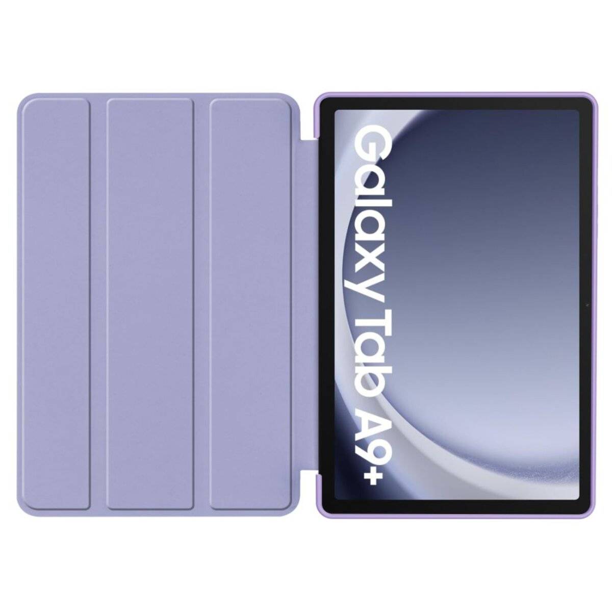 Ein lila Tablet mit aufklappbarem Cover, das den Text „Galaxy Tab A9+