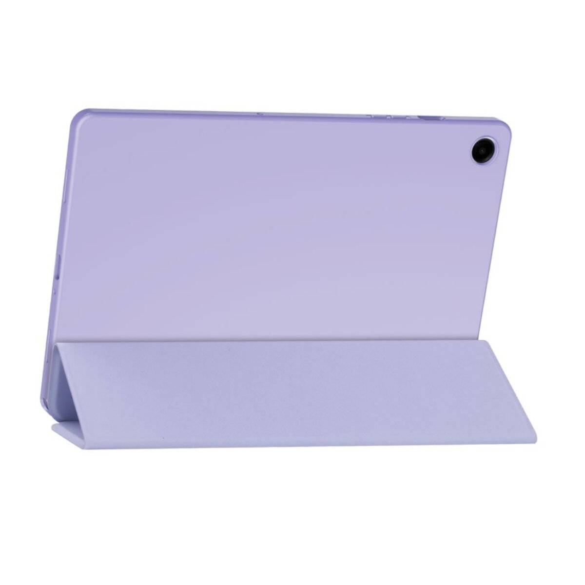 Eine violette Tablette steht aufrecht auf einem lavendelfarbenen Schutzcover und wird von hinten betrachtet. Das Cover fungiert als Ständer, wobei ein Kameraobjektiv oben rechts sichtbar ist.