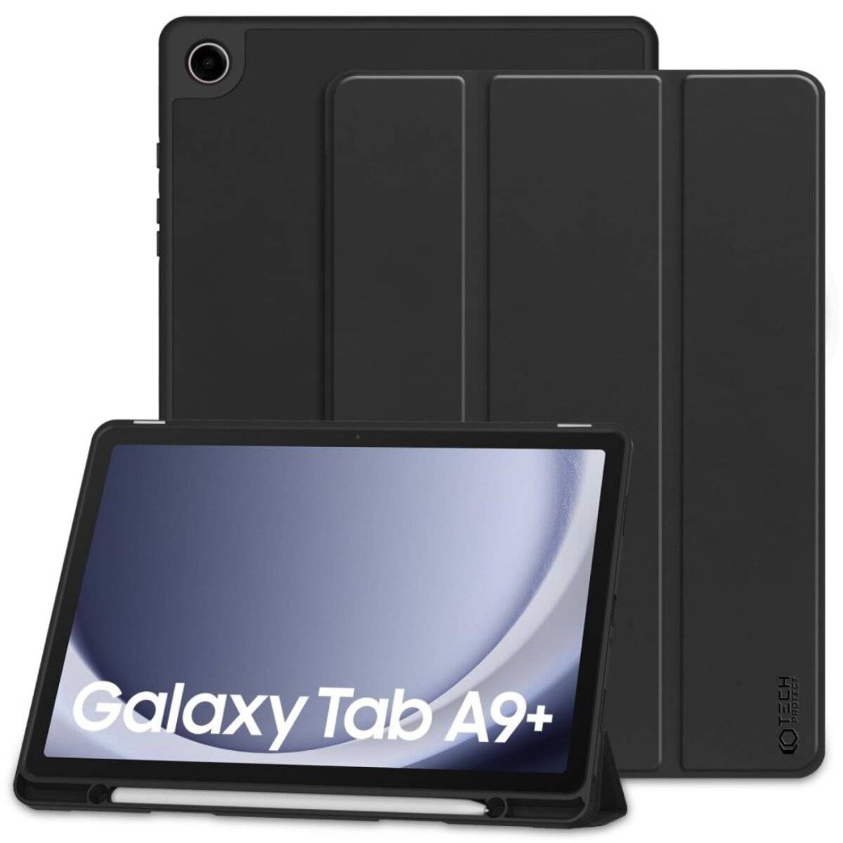 Schwarzes Galaxy Tab A9+ in einem Schutzgehäuse, aufgeklappt dargestellt mit einem sichtbaren Bildschirm, der den Text 