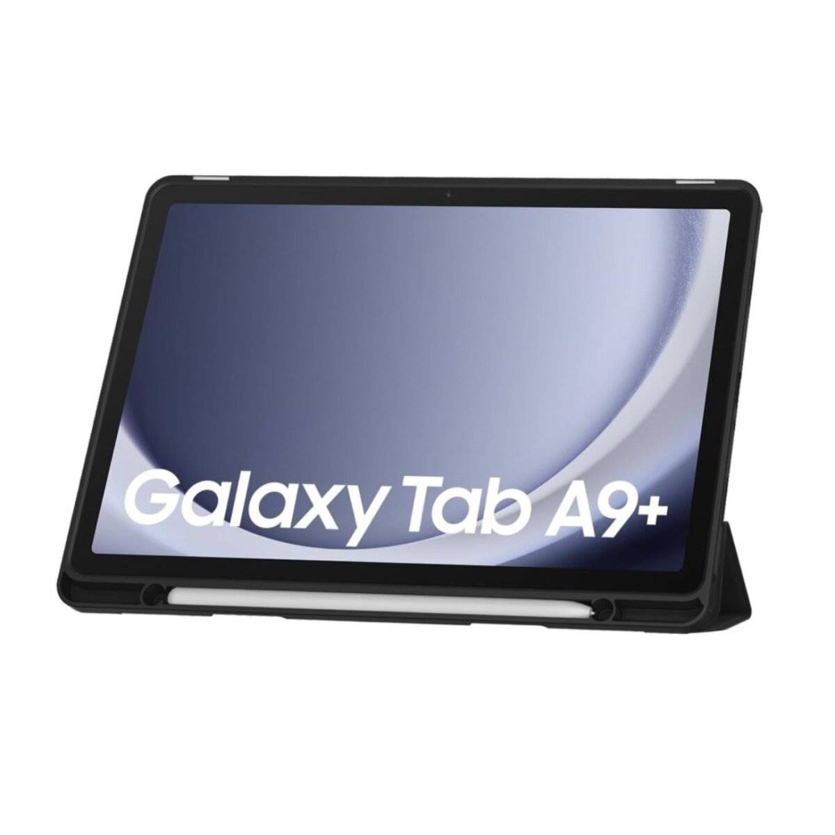 Ein Galaxy Tab A9+ Tablet mit einer Tastaturhülle, auf dessen Bildschirm 