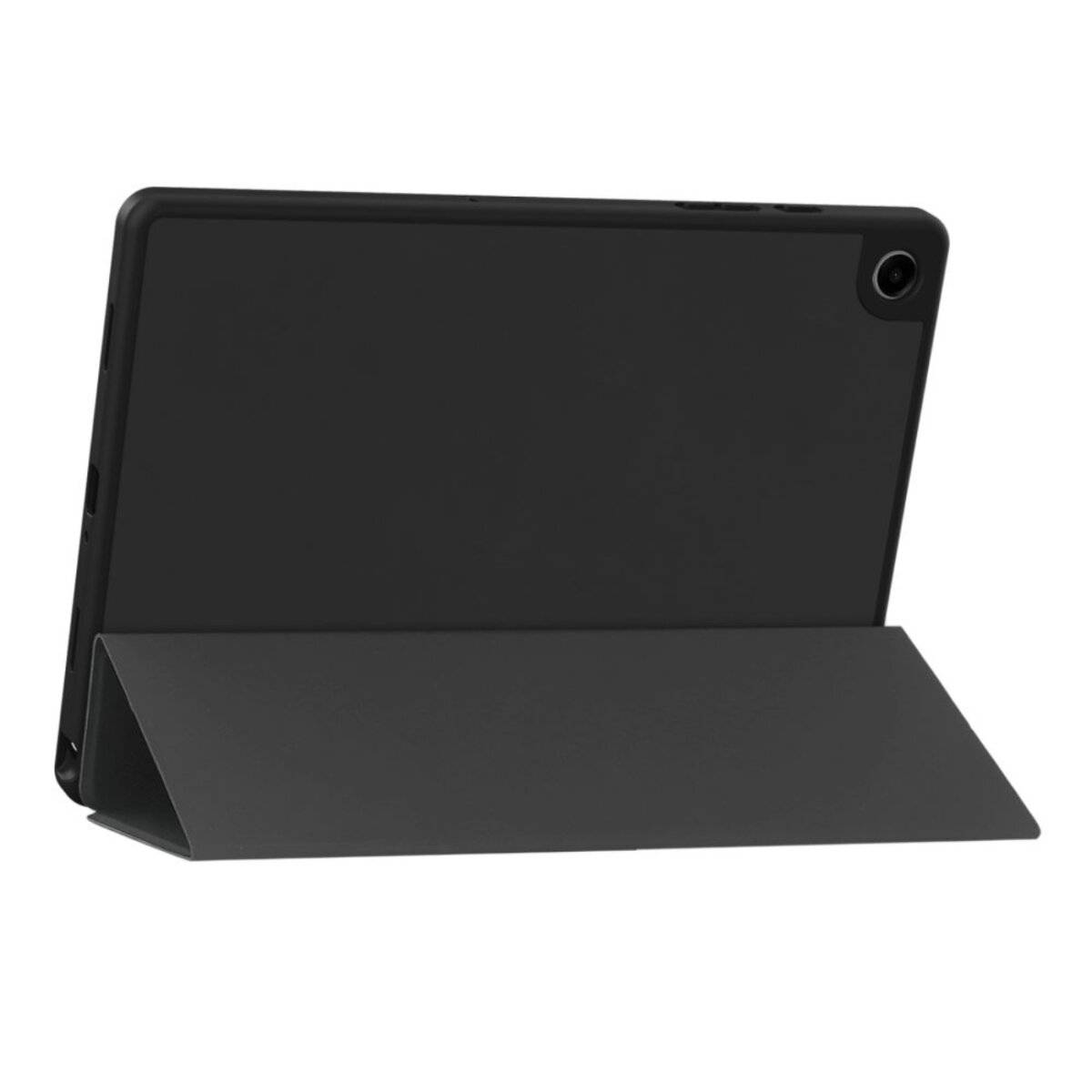 Eine schwarze Tablette steht auf einem Ständer, von hinten betrachtet, wobei ihre Kamera und ihr minimalistisches Design sichtbar sind.