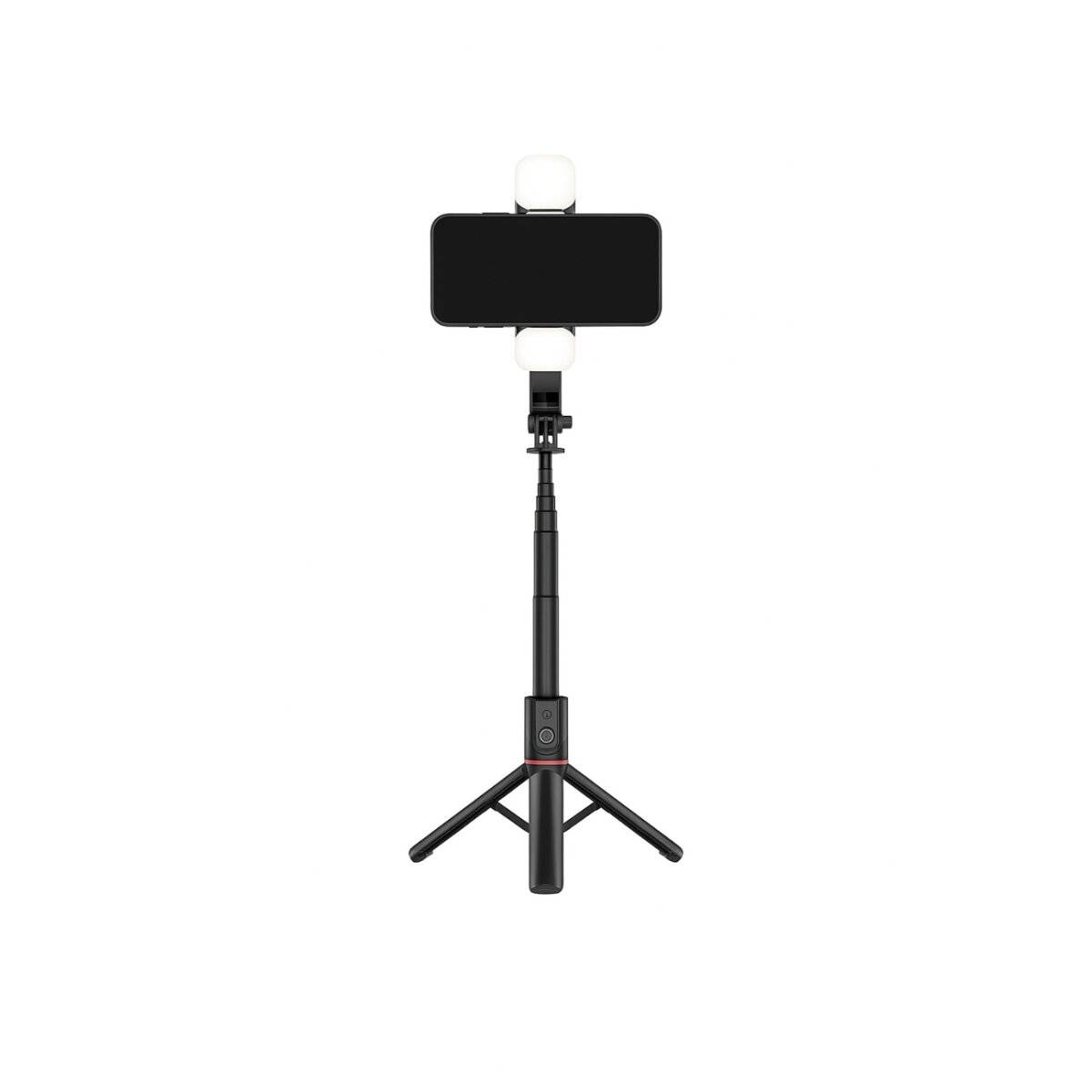 Ein auf einem Stativ montiertes Smartphone mit angebrachten Ringleuchten, entwickelt für Fotografie oder Videoaufnahmen.