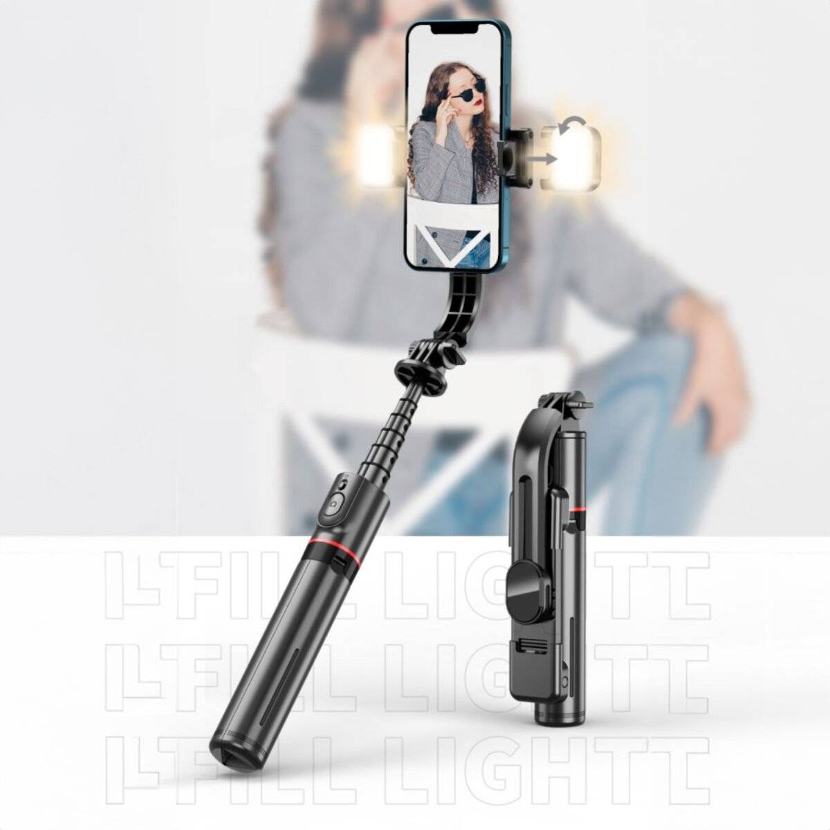 Ein Smartphone-Ständer mit zwei LED-Füllleuchten, die an einem Stativ befestigt sind, zeigt einen unscharfen Hintergrund einer Person, die die Funktionen des Geräts nutzt.