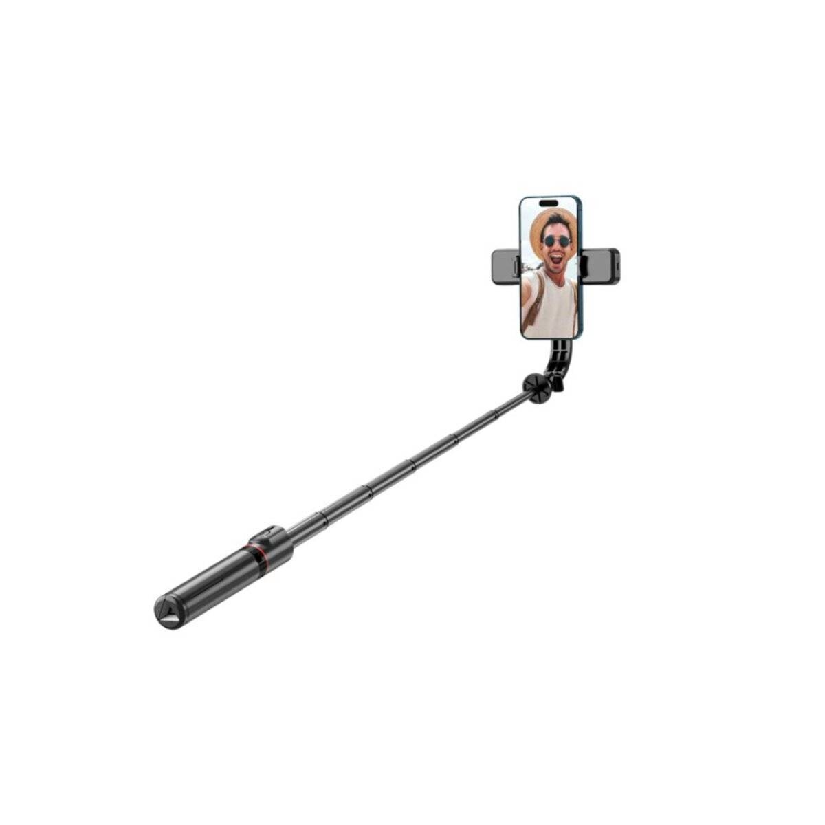 Ein Smartphone ist an einem Selfie-Stick befestigt und zeigt eine lächelnde Frau auf dem Bildschirm.