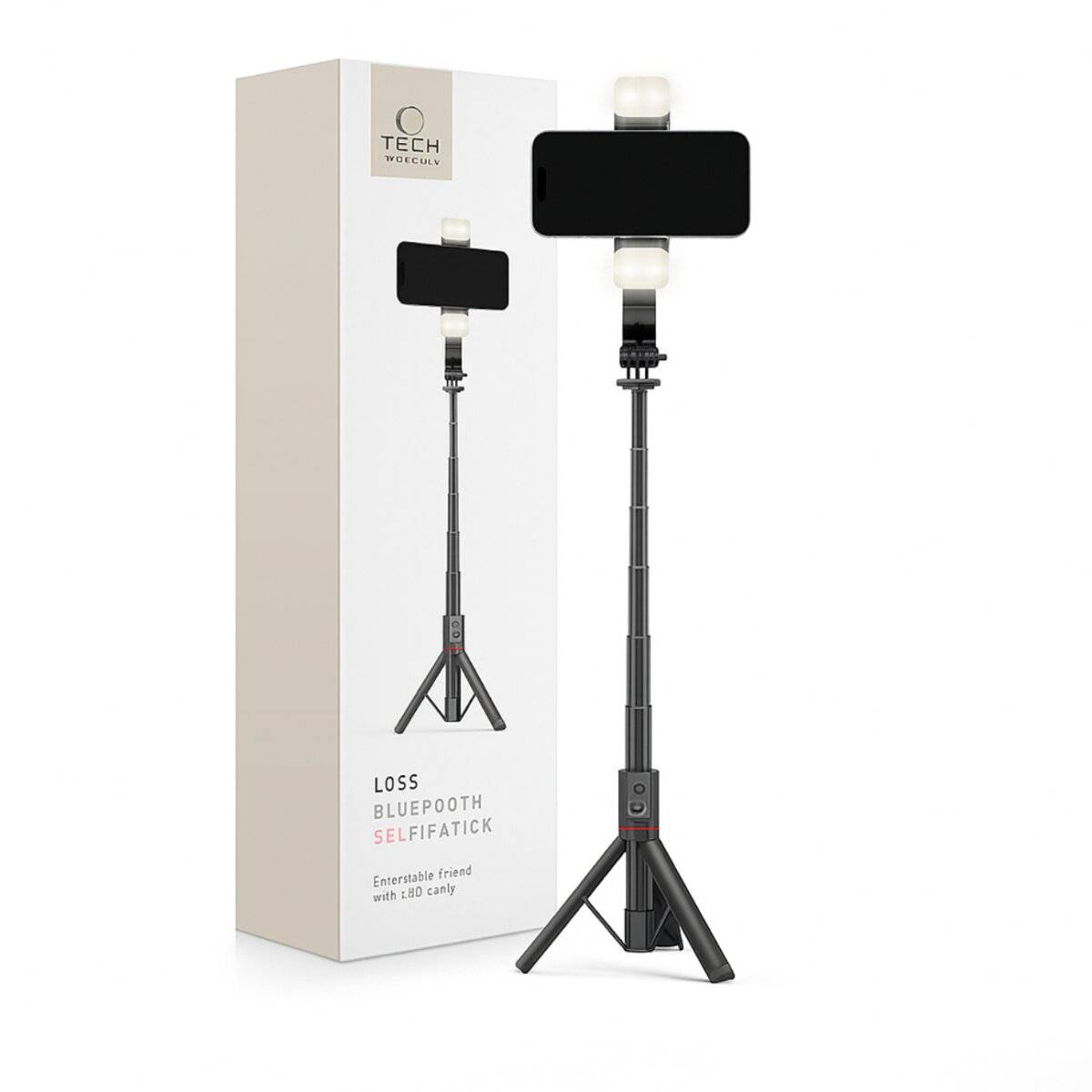 Ein schwarzer Bluetooth-Selfiestab mit ausziehbarem Stativständer wird neben seiner Verpackungsbox gezeigt, die mit „Loss Bluetooth Selfie Stick