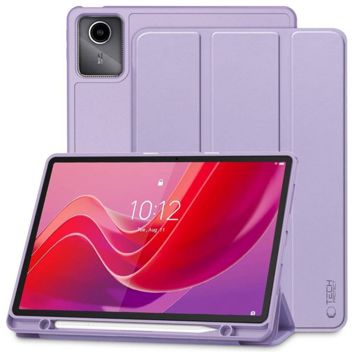 Violettes Tablet mit Schutzhülle, auf dem Bildschirm ist ein wellenförmiges rotes Design zu sehen. Die angezeigte Zeit ist 10:12 am Dienstag, 1. August.