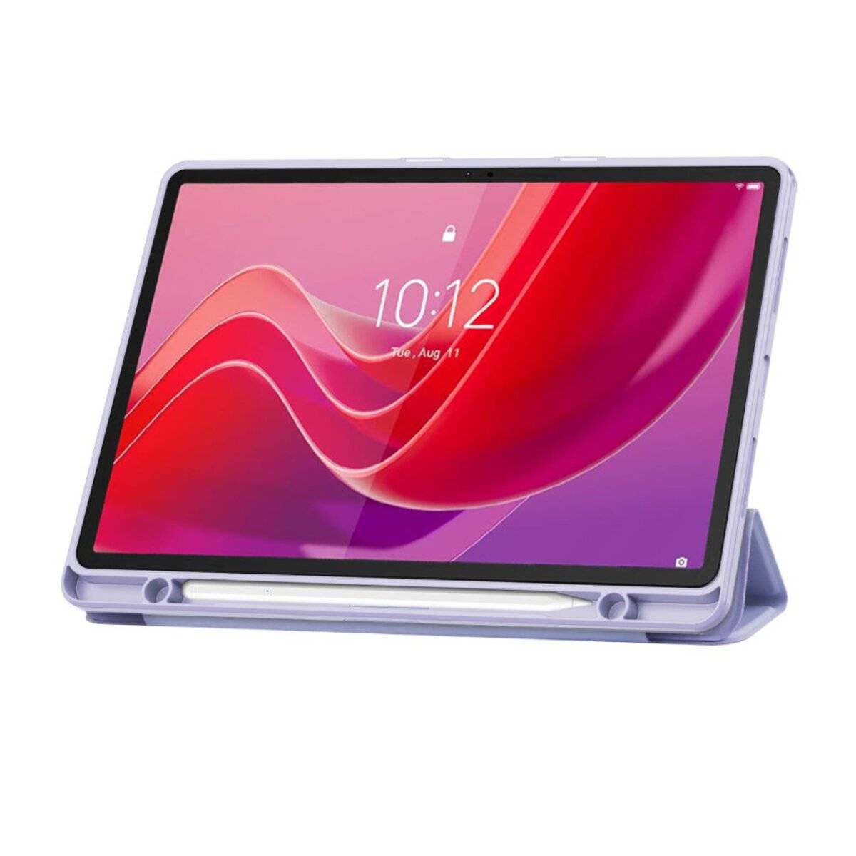 Ein Tablet zeigt einen farbenfrohen abstrakten rosa und roten Hintergrund an. Die Uhrzeit auf dem Bildschirm ist 10:12, mit einem Datum angezeigt als Mo., 11. Aug.