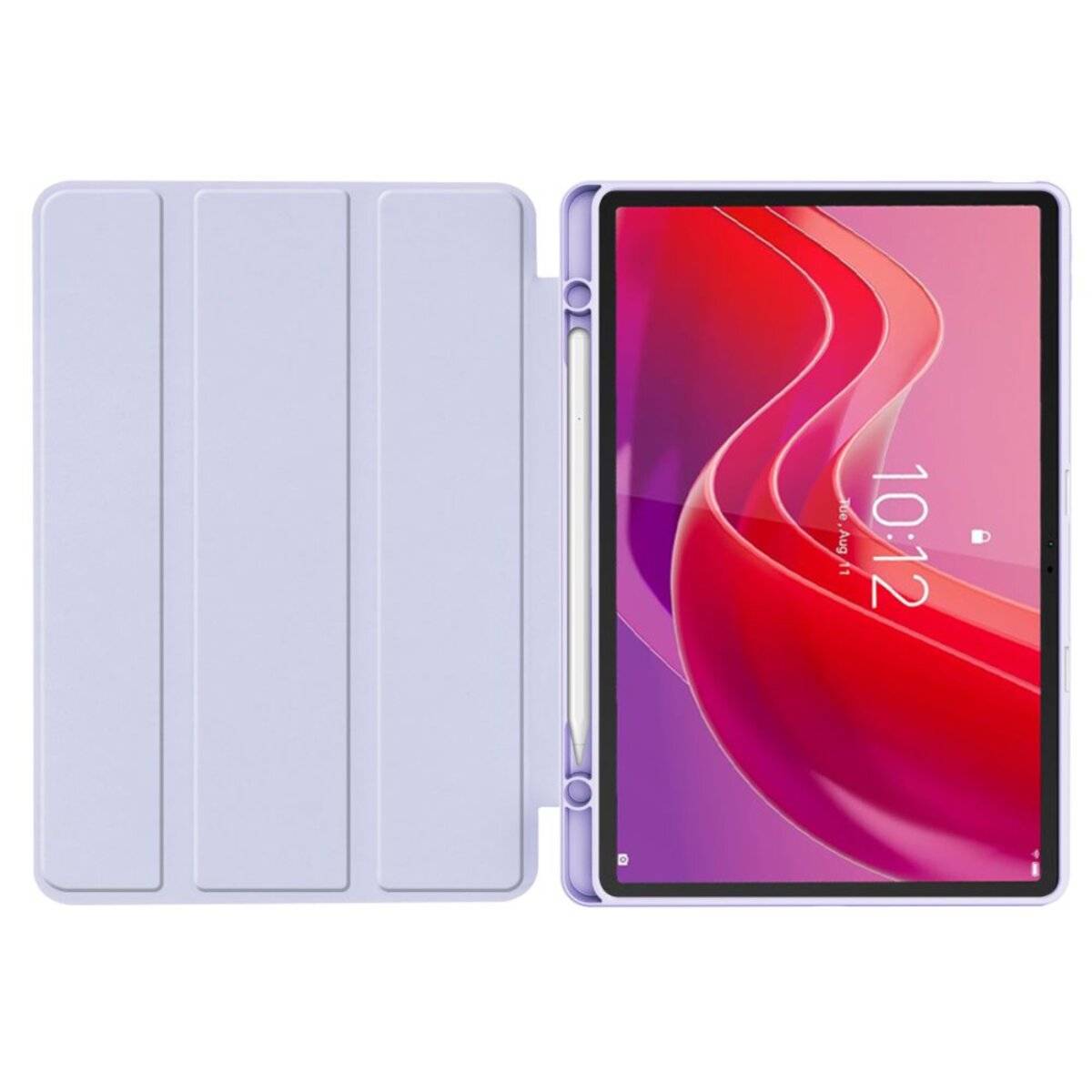 Tablet mit violettem Etui, Bildschirm zeigt ein lebendiges rotes abstraktes Design und die Uhrzeit „10:12