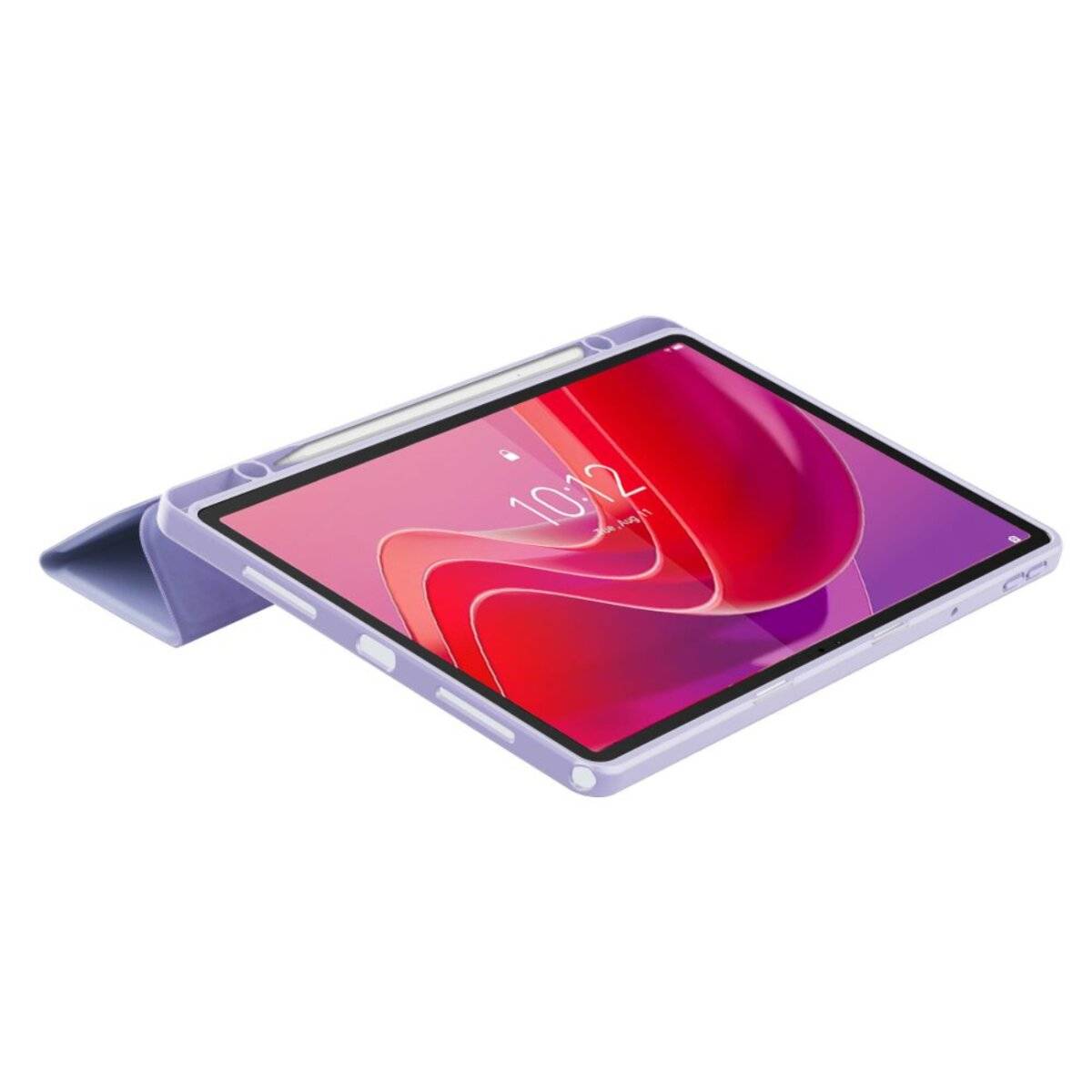 Lila Tablet mit einem Ständer, zeigt ein rosa und rotes abstraktes Bildschirmdesign mit der Uhrzeit 10:12.