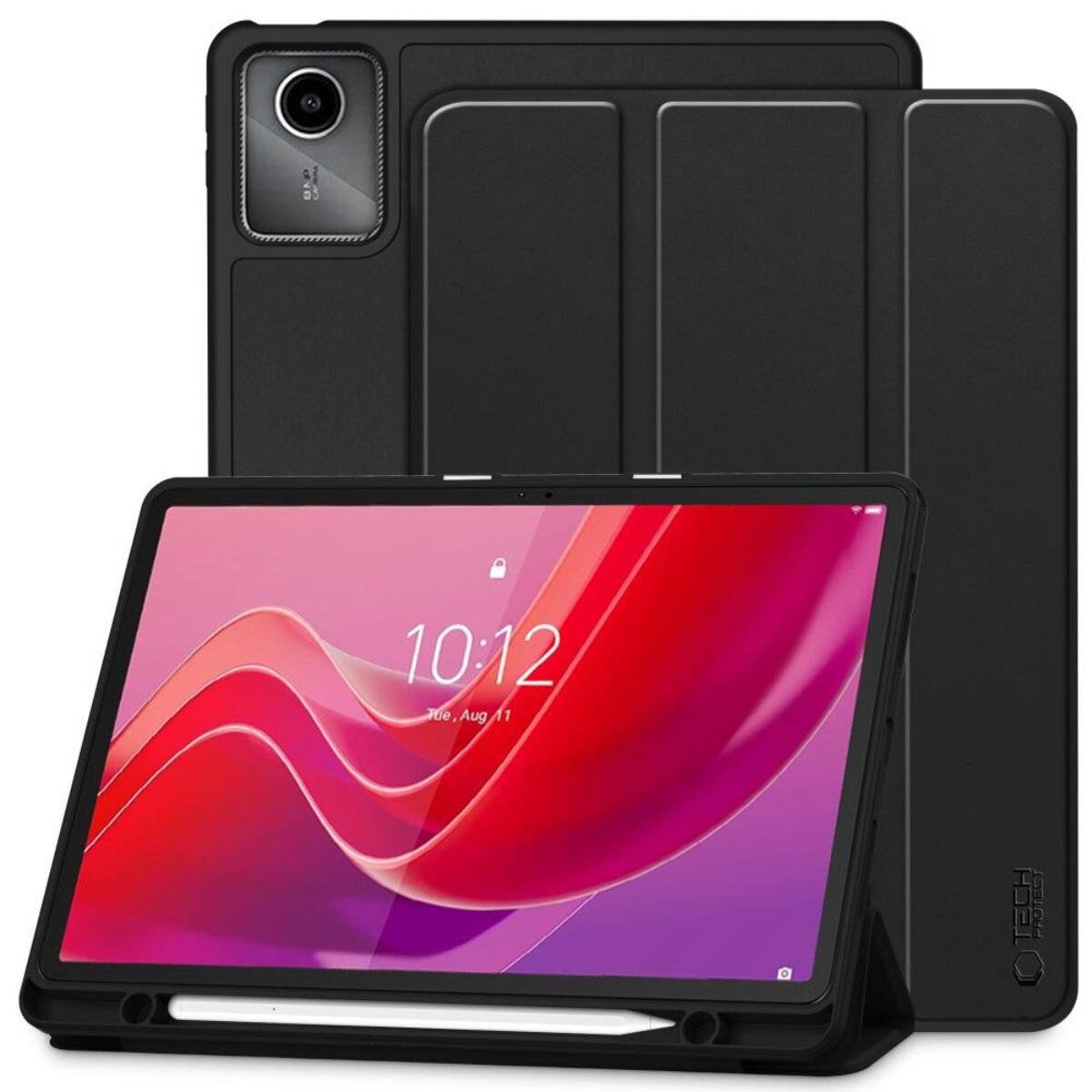 Ein Tablet mit einem lebendigen roten Wellen-Display, das die Uhrzeit '10:12' anzeigt, gestützt durch ein schwarzes faltbares Etui, zusammen mit seiner geschlossenen Ansicht.