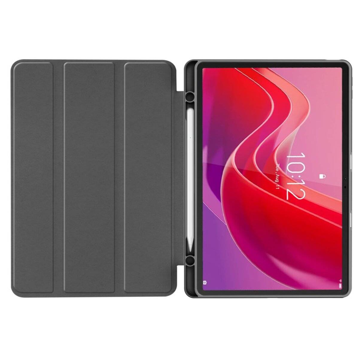 Ein digitales Tablet in einem schwarzen Gehäuse mit einem Stift, der an der Seite befestigt ist. Der Bildschirm zeigt bunte abstrakte Kunst und eine digitale Uhr, die „2:01