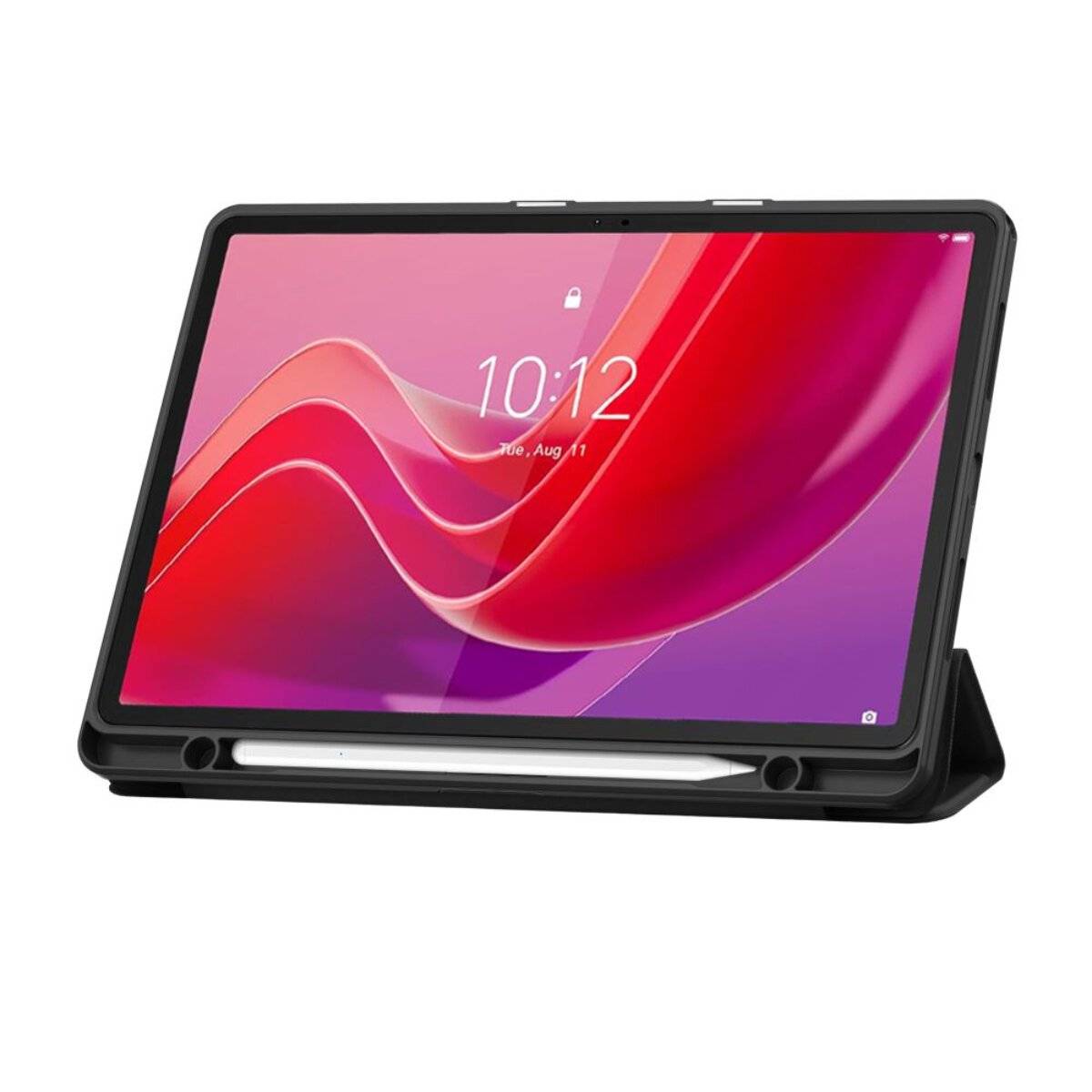 Ein schwarzes Tablet zeigt eine digitale Uhr an, die auf 10:12 eingestellt ist. Der Bildschirmhintergrund zeigt abstrakte rosa und rote Wellen.