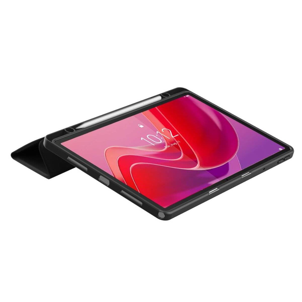 Ein Tablet mit einem abstrakten rosa und roten Bildschirm ruht auf einer schwarzen Schutzhülle, leicht nach oben geneigt, und zeigt die Uhrzeit 