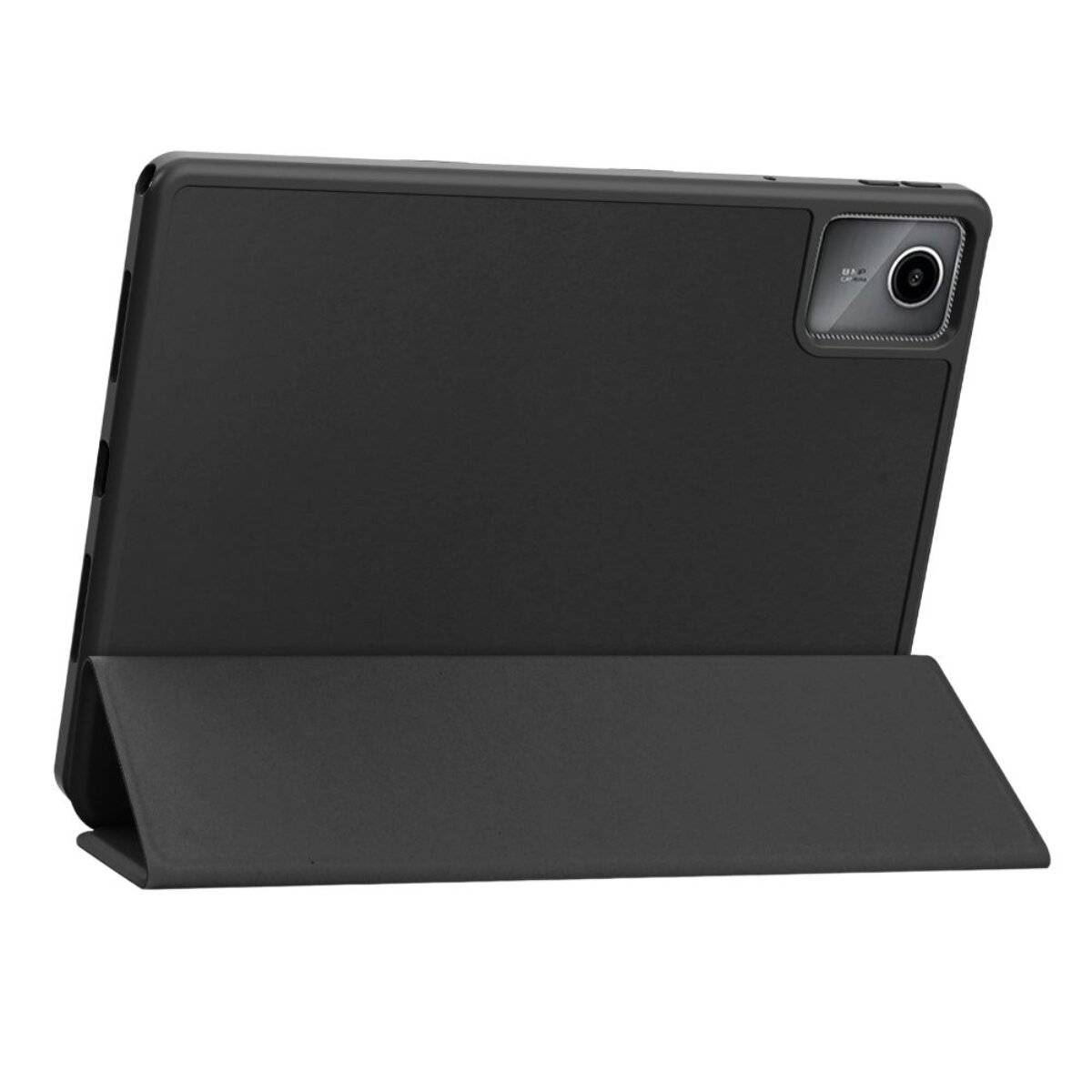 Ein Tablet in einem schwarzen Schutzgehäuse, auf einem Ständer positioniert, von hinten betrachtet, um die Kamera und einen Teil des Ständermechanismus zu zeigen.
