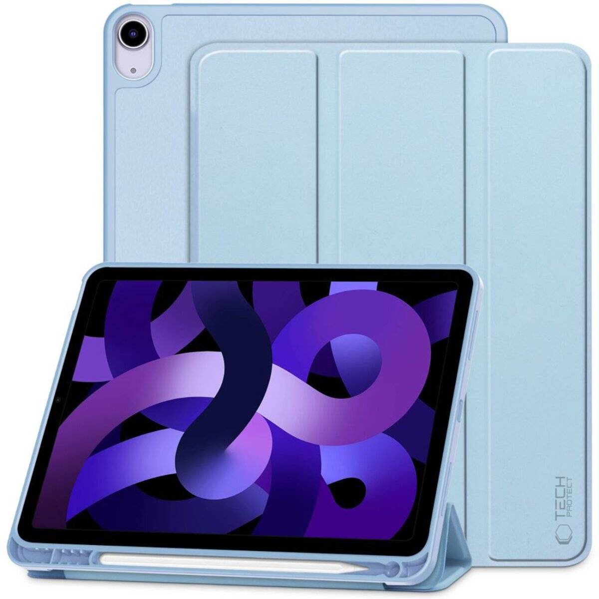 Hellblaue Tablet-Schutzhülle mit Klappendeckel, offen und geschlossen dargestellt. Der Tablet-Bildschirm zeigt ein abstraktes violettes Wirbeldesign.