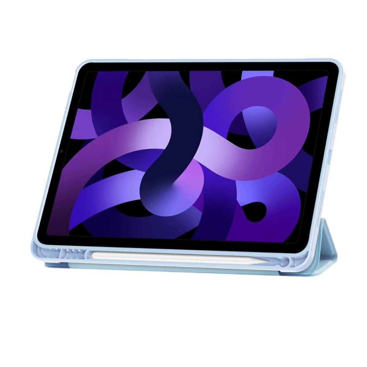 Ein Tablet mit einem modernen Ständer zeigt ein lebendiges abstraktes Lila- und Blaudesign auf seinem Bildschirm mit sich überlappenden kreisförmigen Formen.