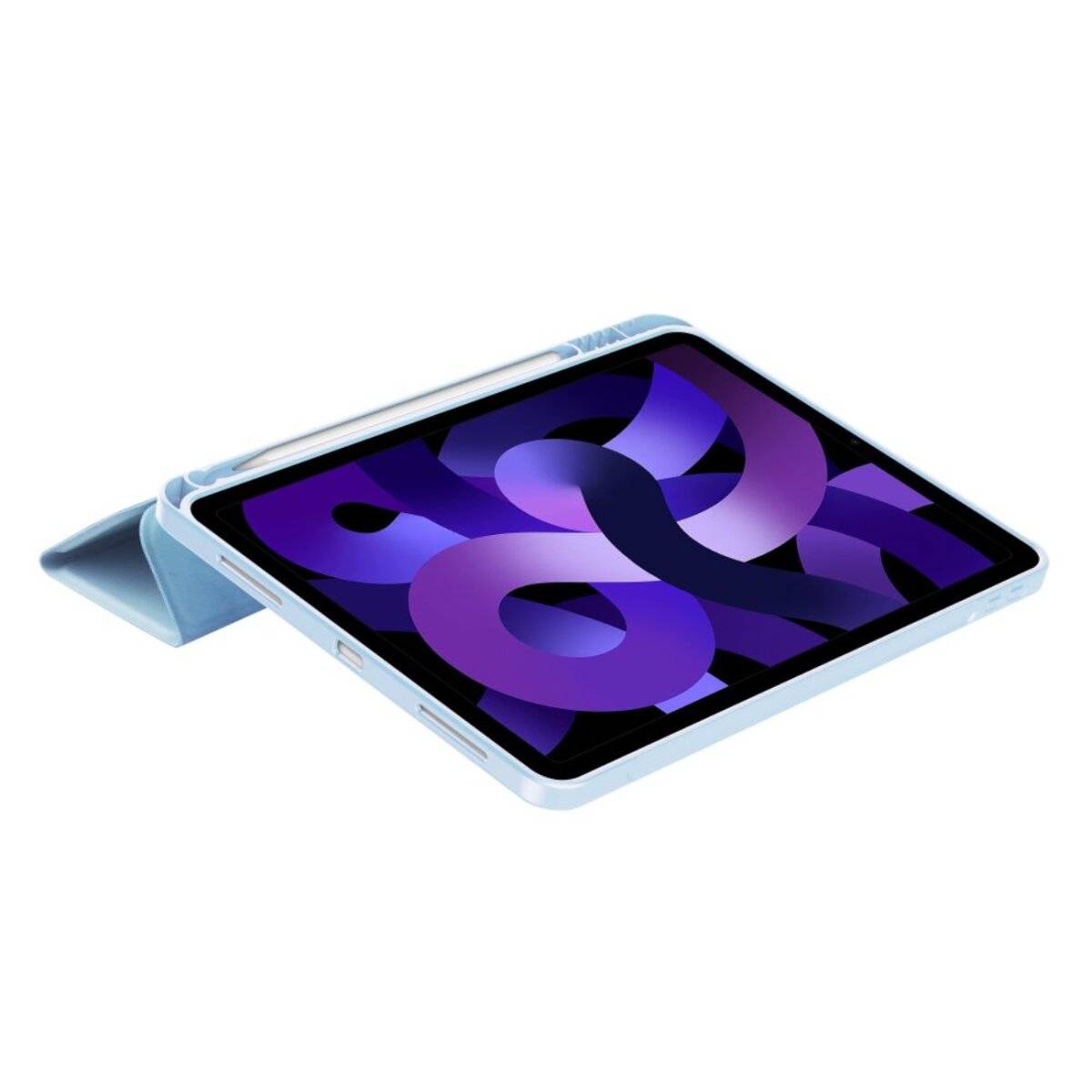 Ein hellblaues Tablet mit einem lila abstrakten Muster auf dem Bildschirm, aufgestellt in einer gefalteten Schutzhülle, aus einer Winkelansicht betrachtet.