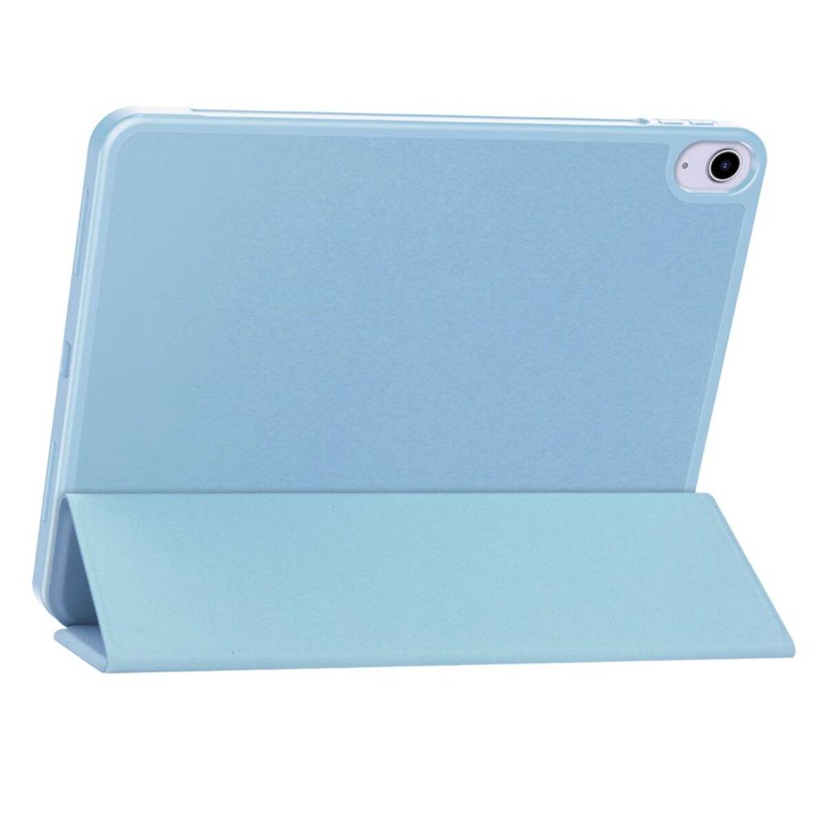 Ein hellblaues Tablet-Etui, von hinten gezeigt, mit einem eingeklappten Ständer, der das Gerät für freihändige Betrachtung stützt.