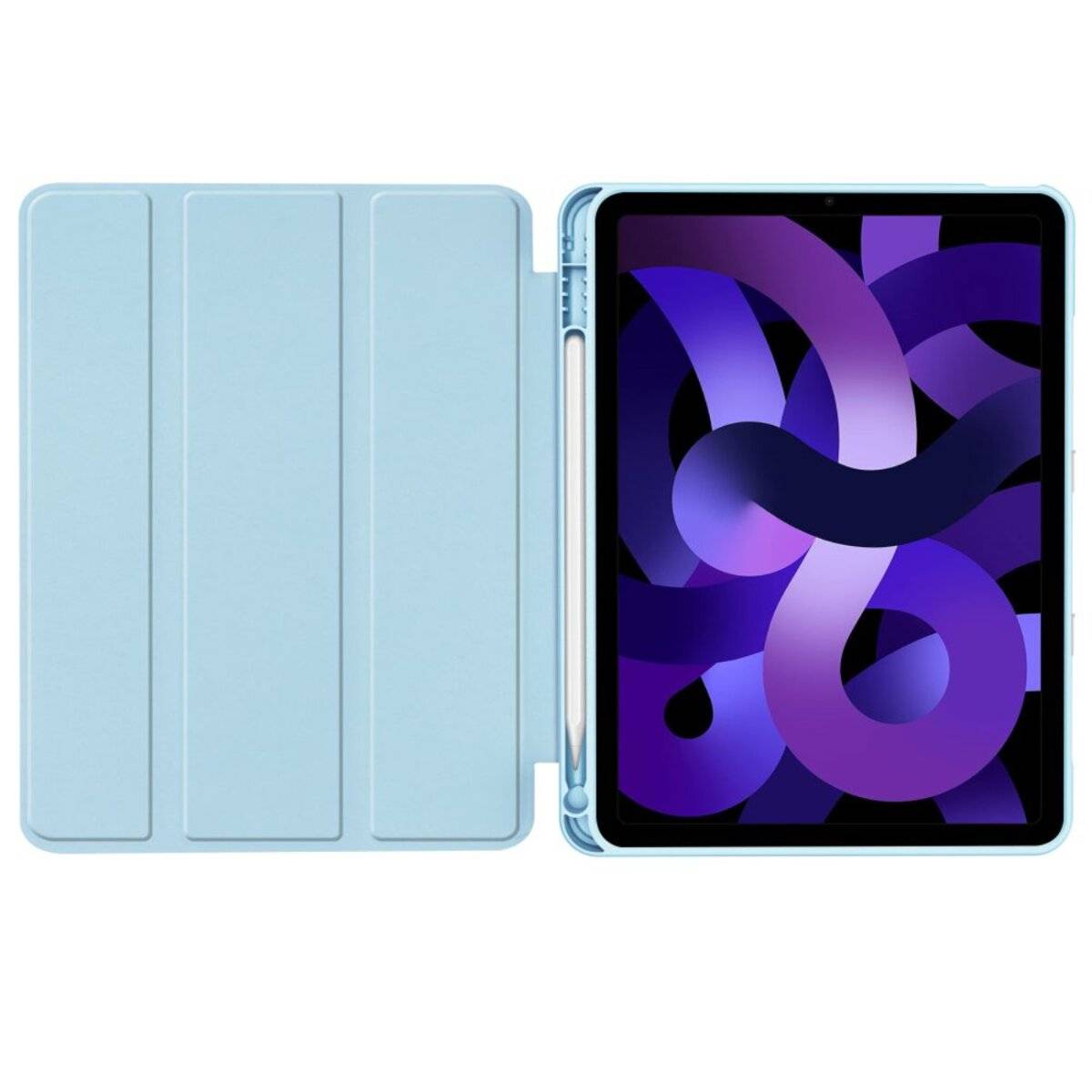 Ein Tablet mit Hülle und Stift, auf dessen Bildschirm ein abstraktes Muster aus sich überlappenden blauen und violetten Bändern angezeigt wird.