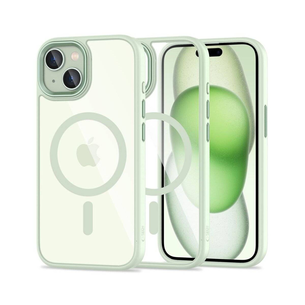 Mintgrüne iPhone-Hülle mit MagSafe-Kompatibilität, zeigt Vorder- und Rückansichten eines Telefons mit aufgesetzter Hülle.