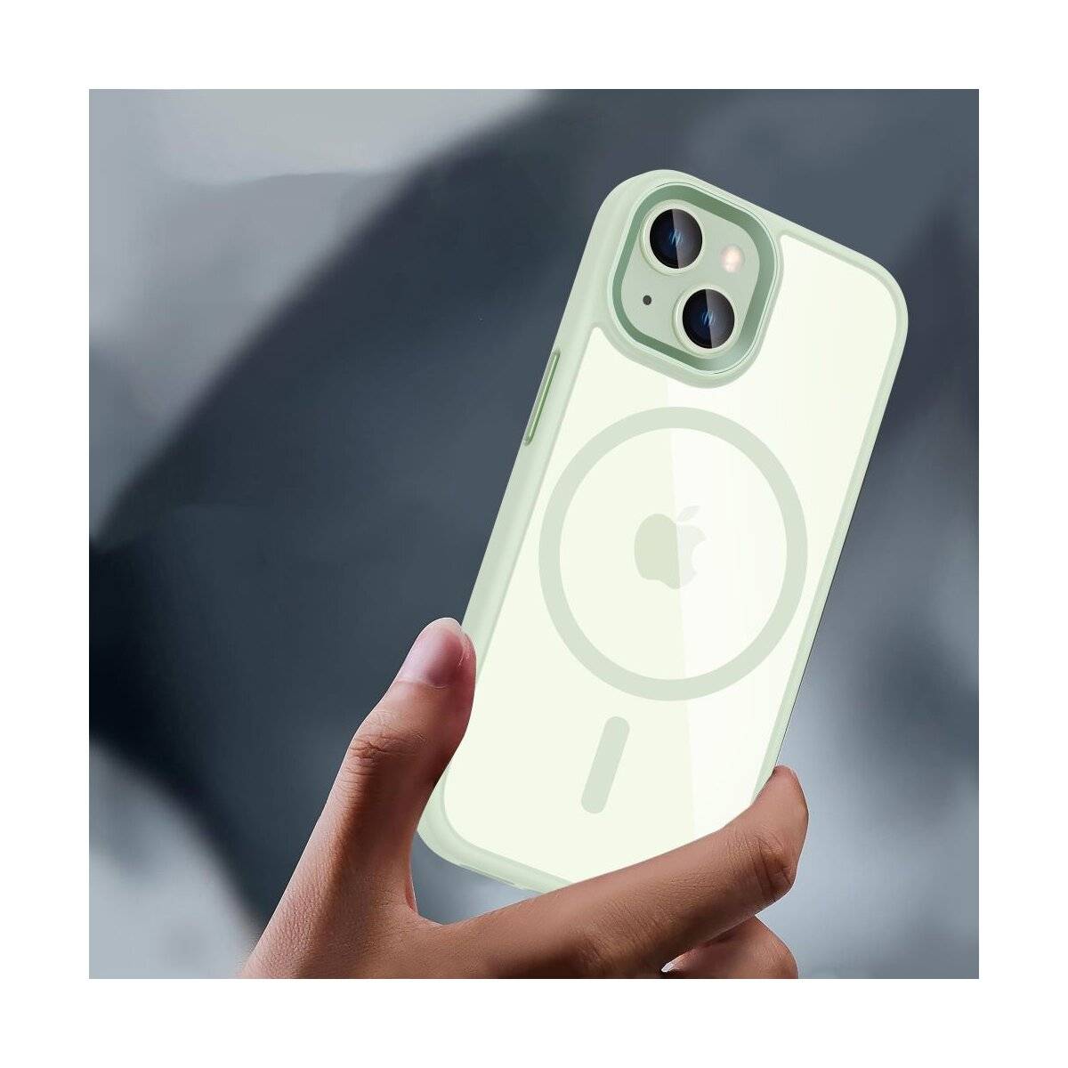 Eine Hand hält ein modernes Smartphone mit einer transparenten Hülle, auf der Rückseite ein kreisförmiges Design zeigend. Der Fokus liegt auf dem Telefon.