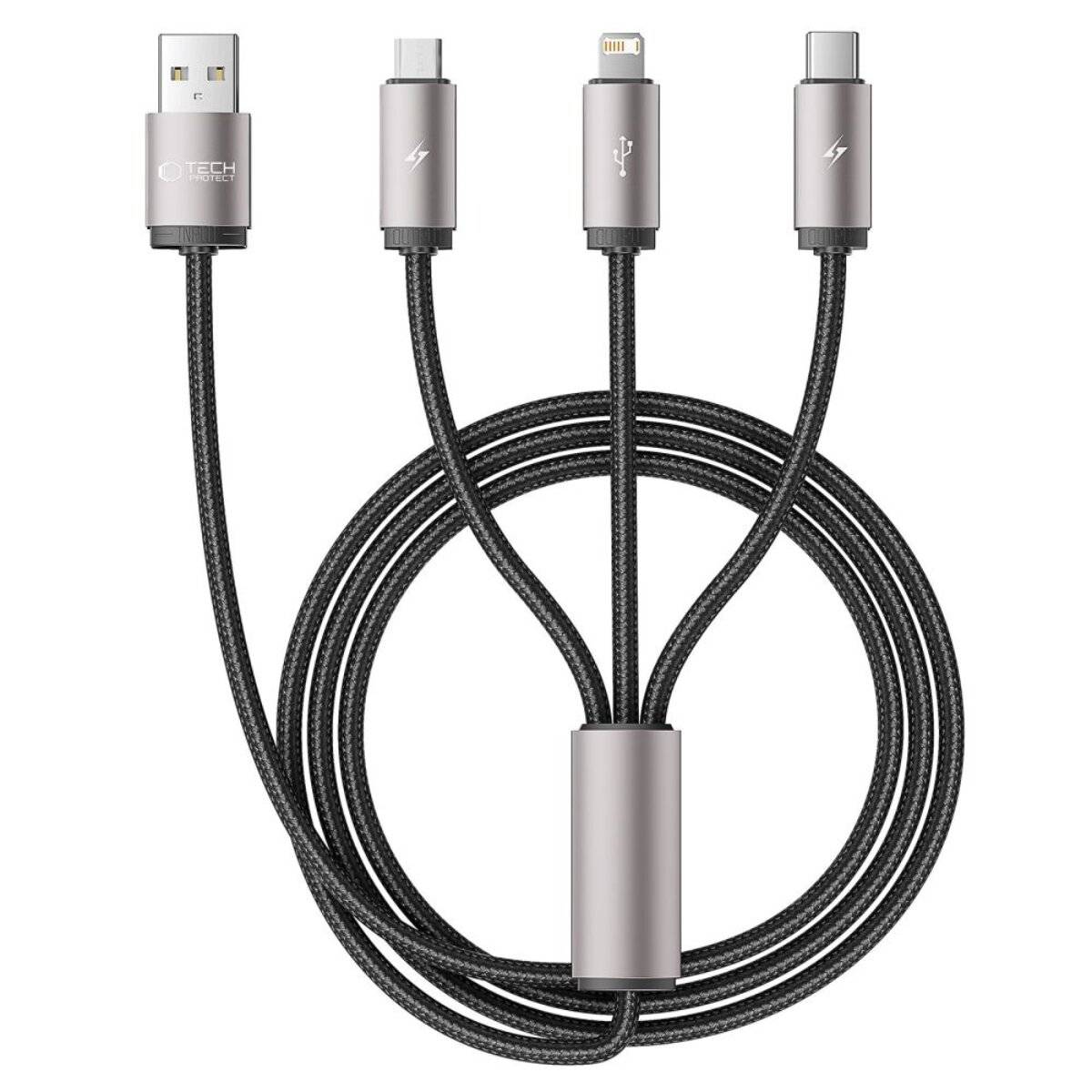 Ein Multi-Ladekabel mit Anschlüssen für USB-C, Lightning und Micro-USB, das zum Laden verschiedener Geräte mit einem Kabel entwickelt wurde.