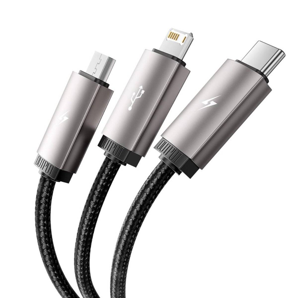 Drei Ladekabel mit Metallsteckern: Micro-USB, Lightning und USB-C, konzipiert für verschiedene mobile Geräte.