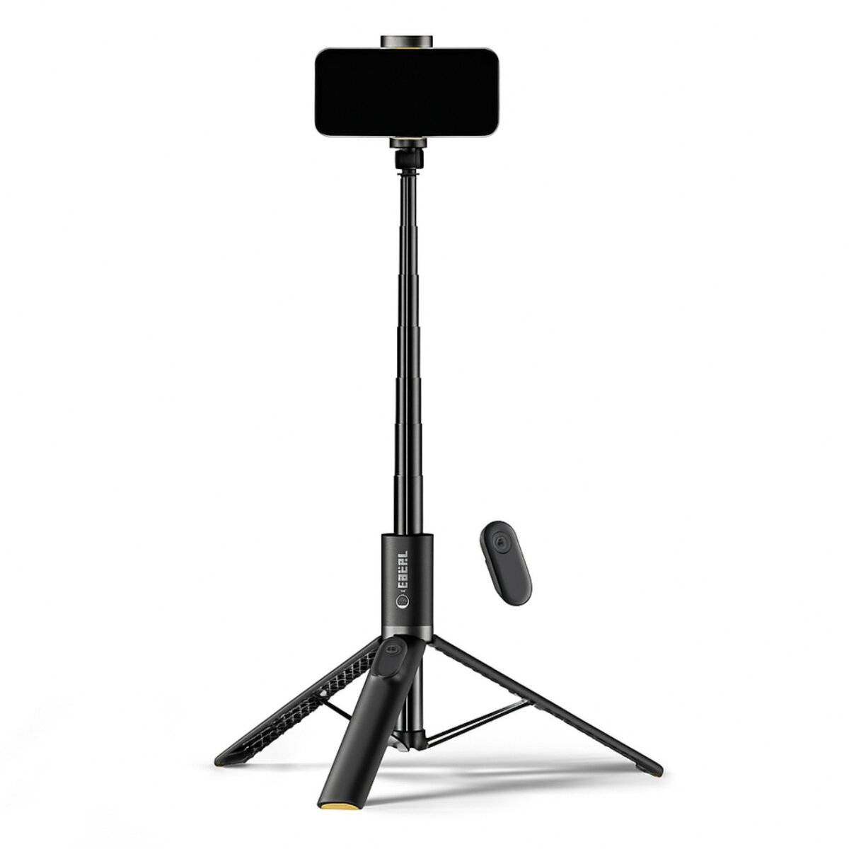 Ein schwarzes Selfie-Stick-Stativ hält ein Smartphone horizontal. Eine abnehmbare Fernbedienung wird daneben angezeigt.