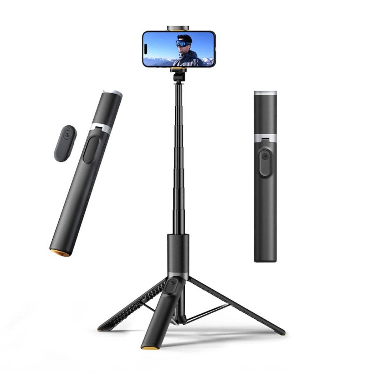 Ein Stativ mit einem verstellbaren Selfie-Stick hält ein Smartphone, das jemanden im Freien zeigt. Eine separate Fernbedienung wird angezeigt, was auf eine kabellose Steuerung hinweist.