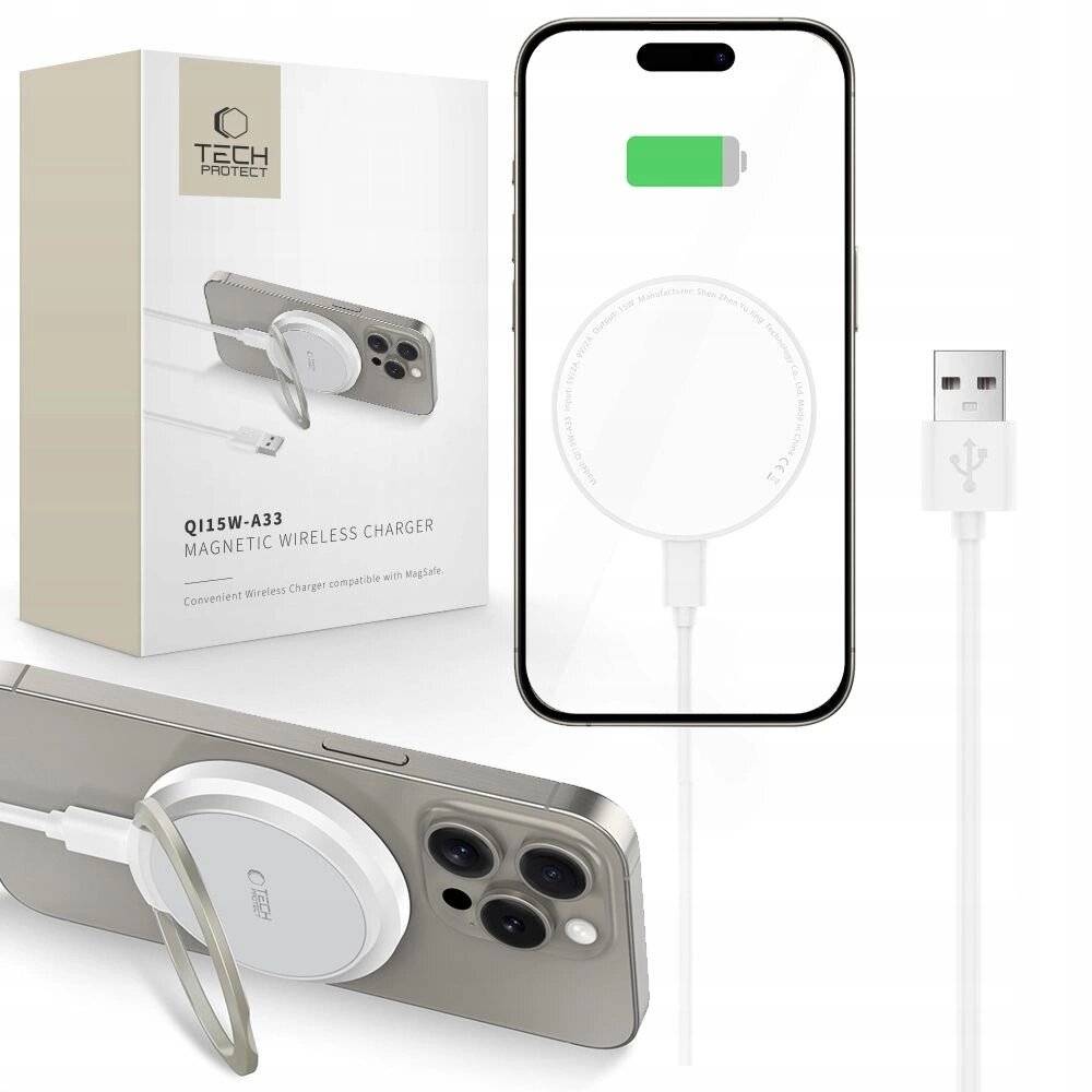 Tech-Protect QI15W-A33 induktives Ladegerät MagSafe Ständer USB-A/USB-C-Kabel – Weiß