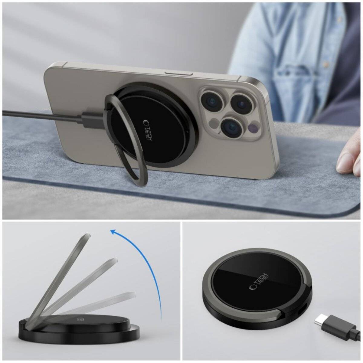 Ein Telefon mit angeslosssenem Ladekabel, das auf einem magnetischen Ständer gestützt wird. Einsätze zeigen einen faltbaren Ständermechanismus und ein separates Kabel.