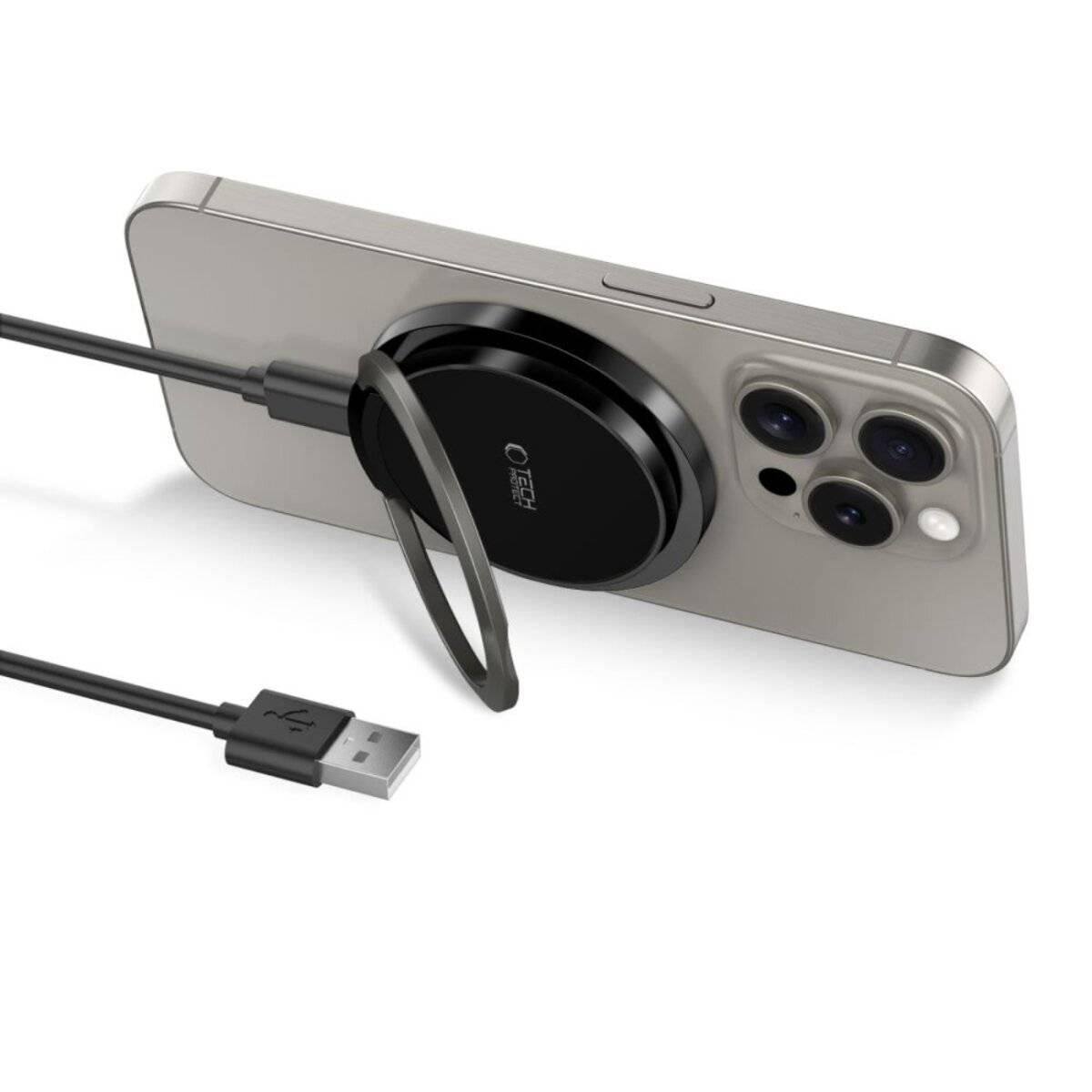 Ein Smartphone liegt mit dem Display nach unten auf einem magnetischen kabellosen Ladegerät, das auf der Rückseite angebracht ist und über ein USB-Kabel angeschlossen ist, was die Ladeeinrichtung veranschaulicht.