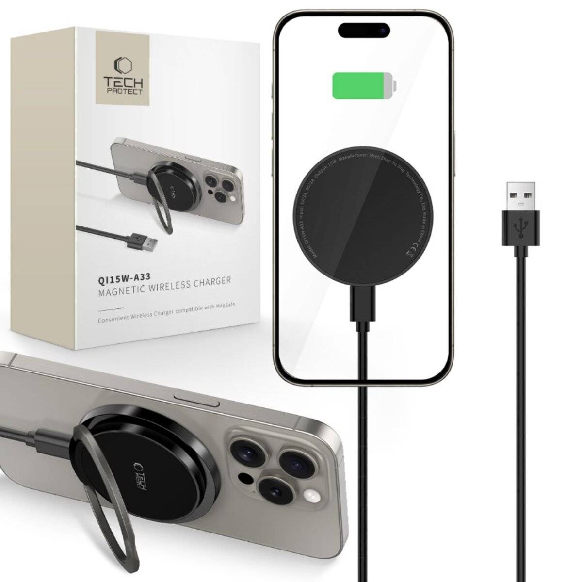 Tech Protect magnetisches kabelloses Ladegerät mit USB-Kabel und Verpackung. Das Ladegerät ist an einem Telefon angebracht und zeigt den Ladesatus an.