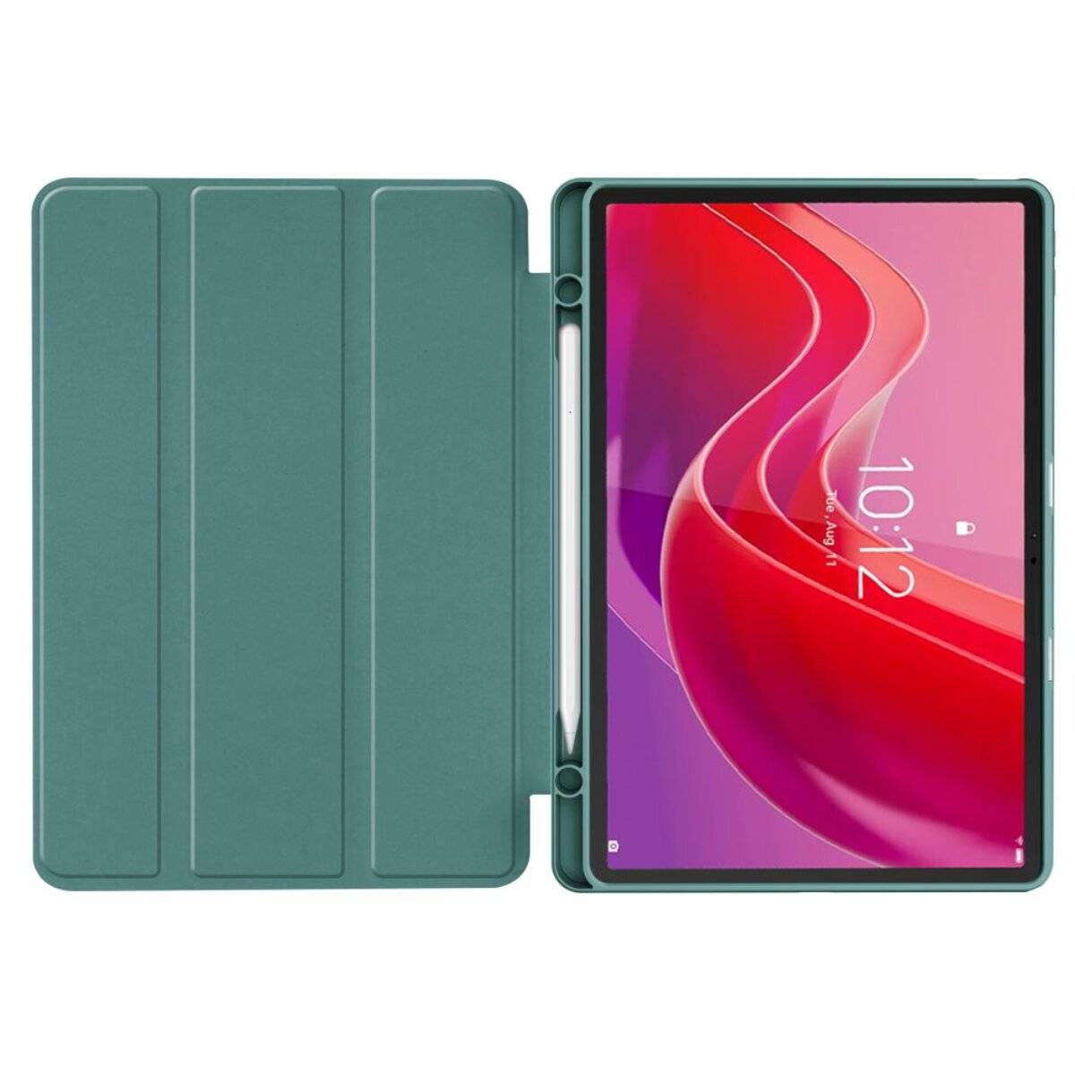 Ein Tablet mit grüner Foliohülle, auf dem eine Digitaluhr mit der Anzeige „10:27