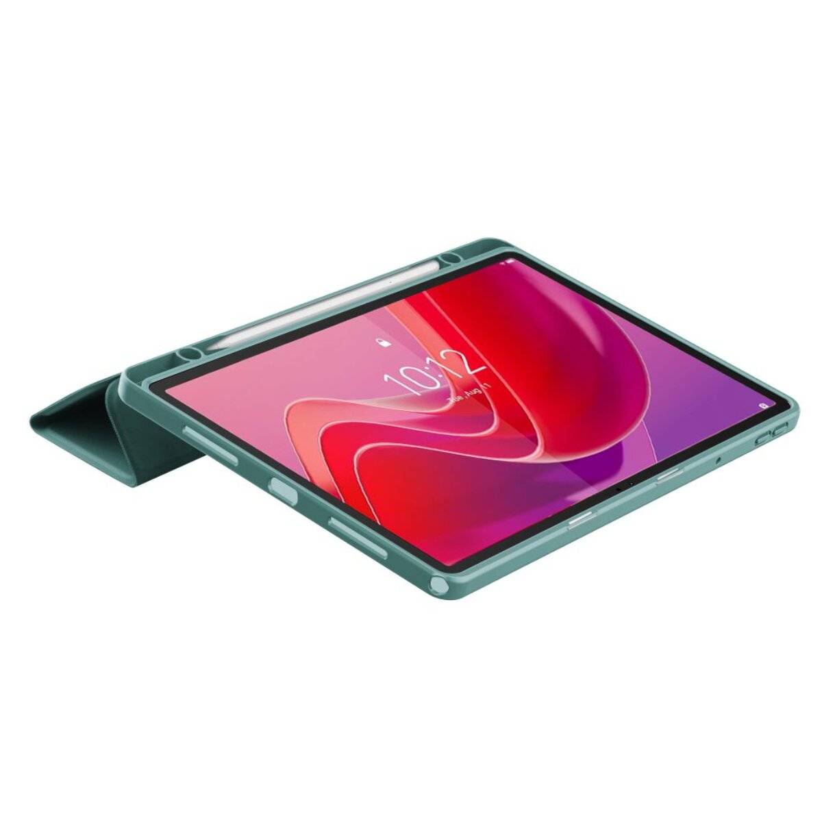 Ein grünes Tablet mit einem Bildschirm, auf dem ein lebendiges rot- und rosafarbenes abstraktes Muster und die Uhrzeit 