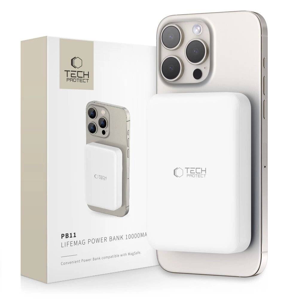 Tech-Protect LifeMag PB11 Powerbank MagSafe 10000 mAh 15 W USB-C-Anschluss – weiß + USB-C-Kabel
