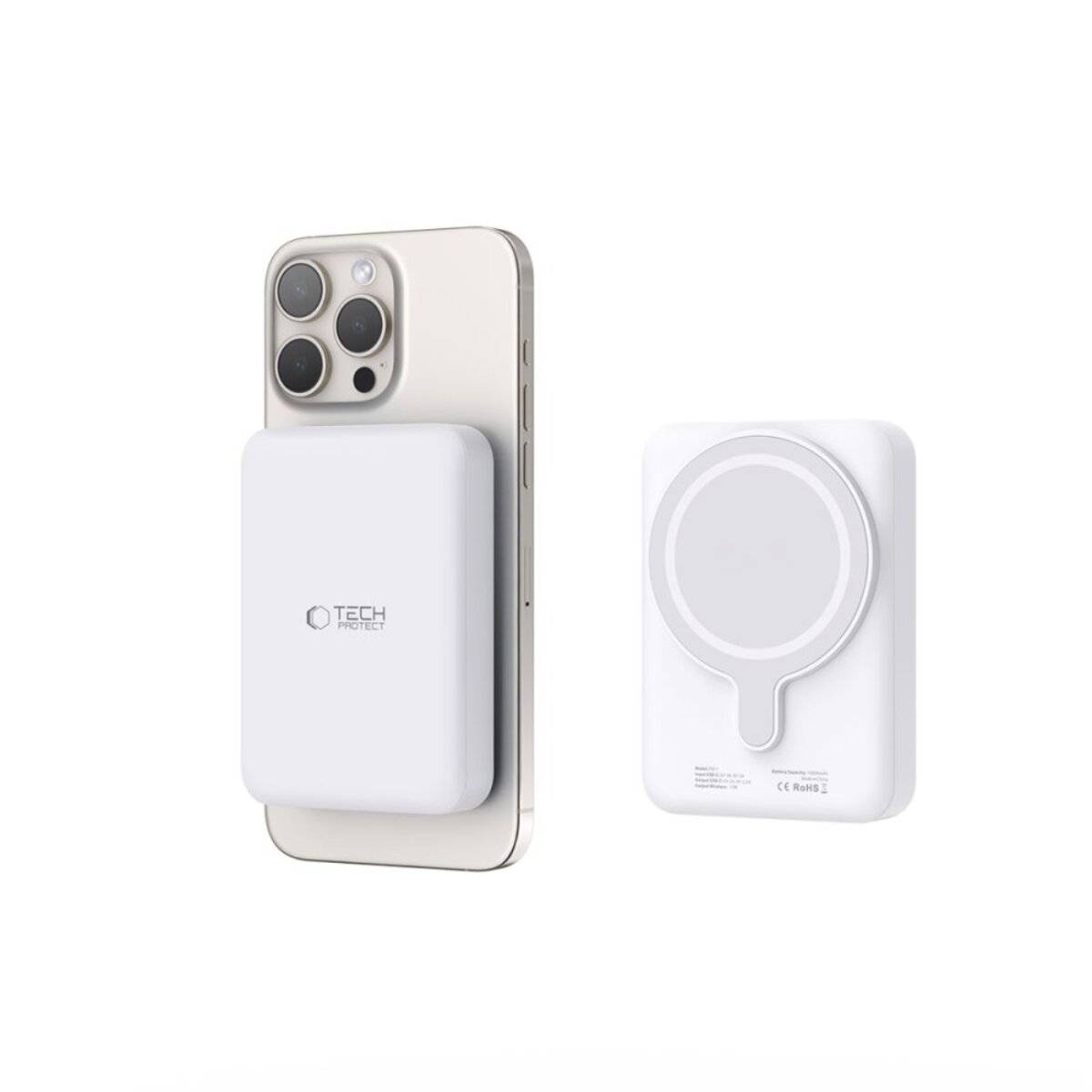 Ein Smartphone mit einer großen weißen magnetischen Powerbank auf der Rückseite wird gezeigt. Die Powerbank wird auch separat neben dem Telefon angezeigt.