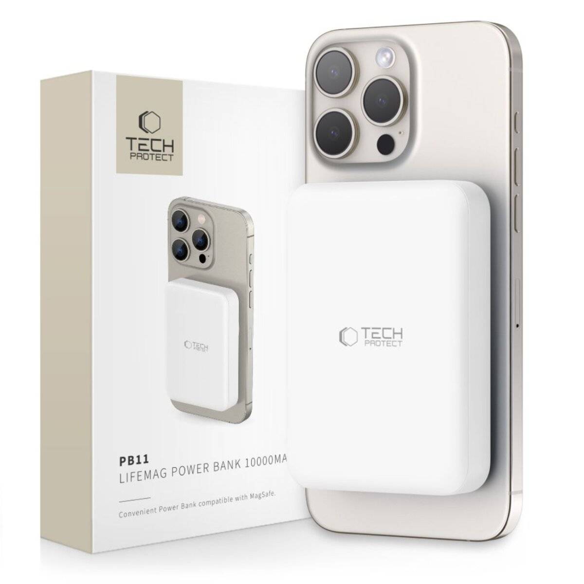 Ein Smartphone mit einer weißen Powerbank, die über eine magnetische Verbindung auf der Rückseite befestigt ist. Eine Markenbox befindet sich im Hintergrund.