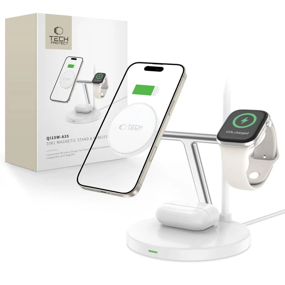 Tech-Protect QI15W-A35 3in1 induktives Ladegerät MagSafe Telefon / AirPods Apple Watch – Weiß