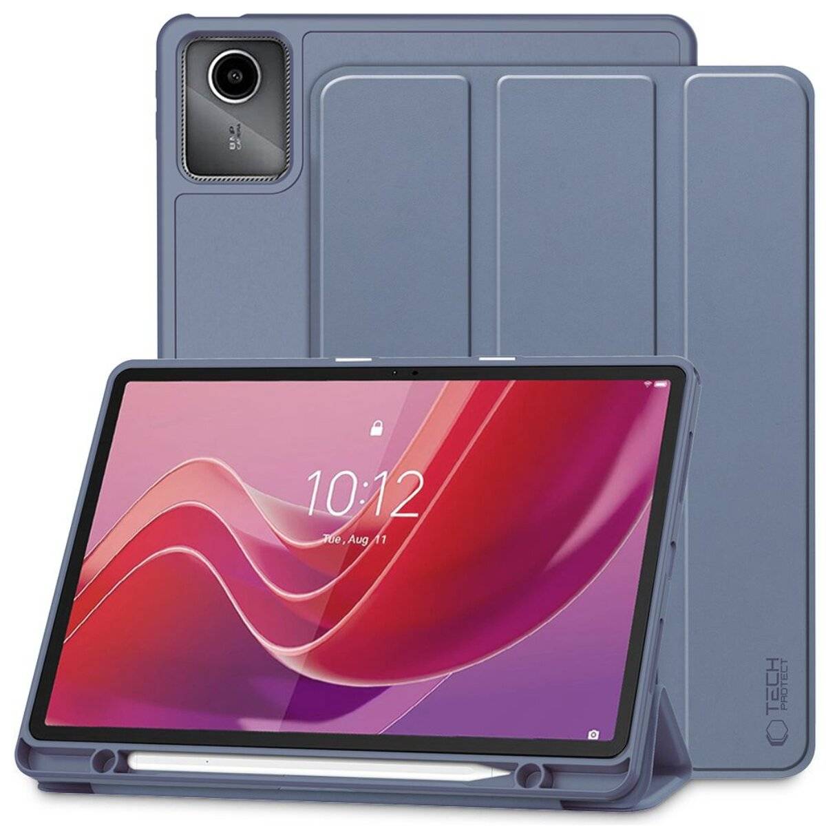 Ein Tablet mit einem blauen Schutzetui, das auf dem Bildschirm ein rot und rosa gefärbtes Wellenmuster zeigt und die Uhrzeit 