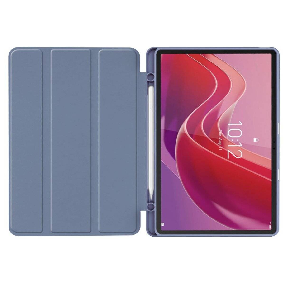 Ein Tablet mit blauem Umschlag ist geöffnet und zeigt den Startbildschirm mit der Uhrzeit „10:12