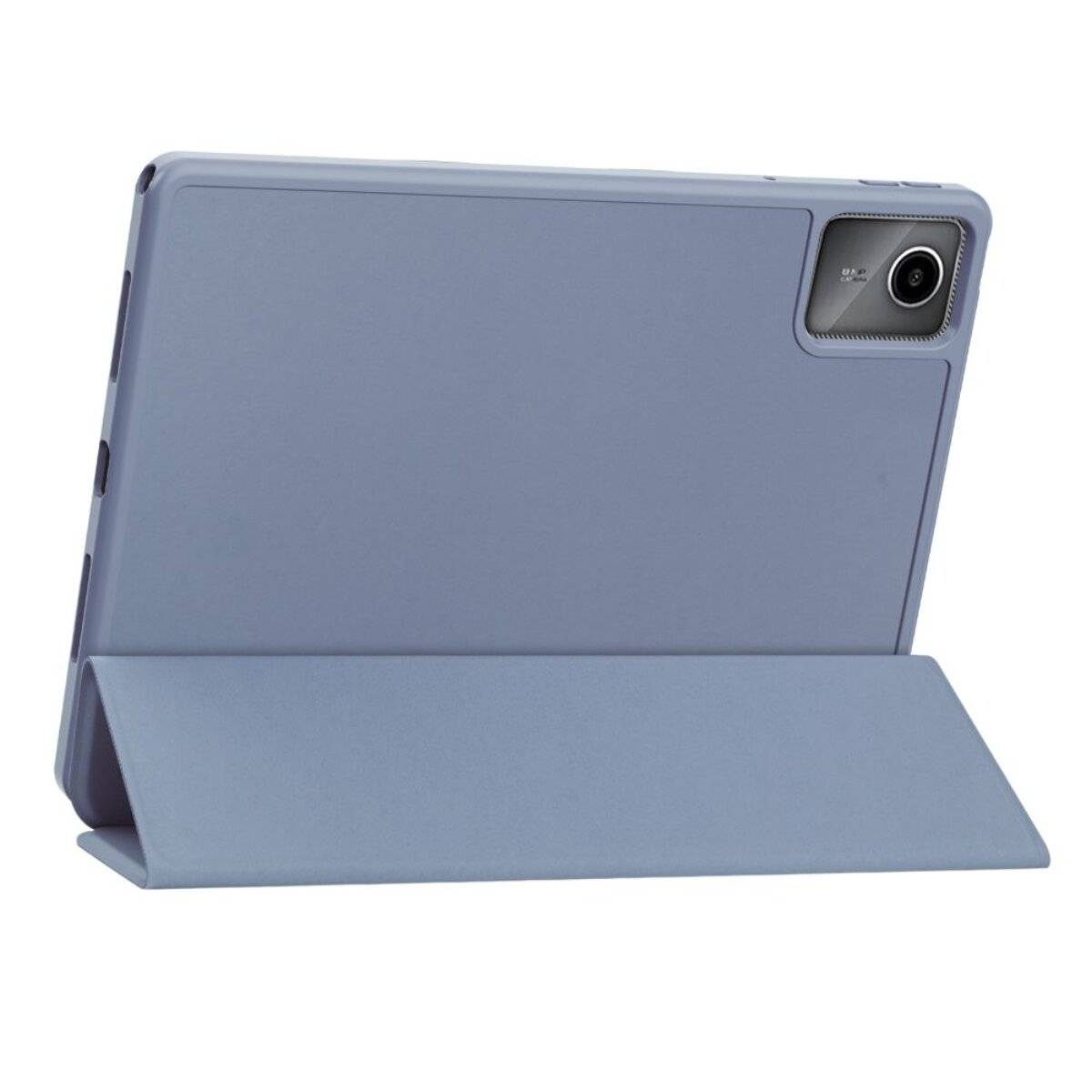 Ein hellblaues Tablet in einem passenden Schutzcase mit Ständer, von hinten betrachtet, mit einer einzelnen Rückkamera.