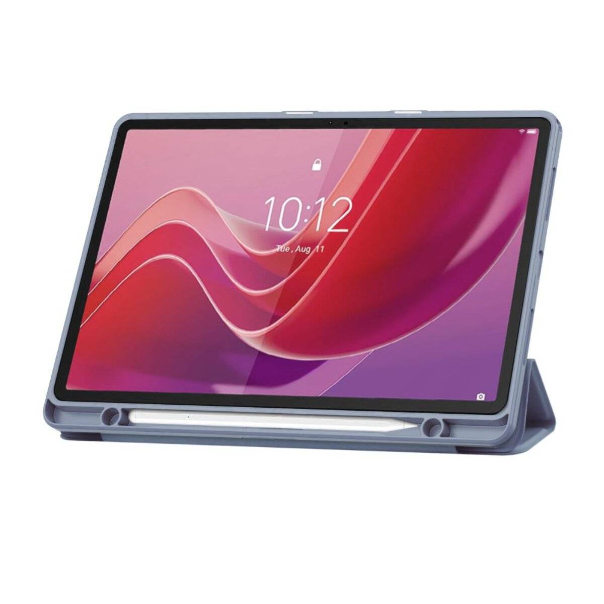 Ein Tablet mit blauem Gehäuse, das die Uhrzeit '10:12' und das Datum 'Mo, 11. Aug' auf einem lebendigen rosa- und purpurfarbenen abstrakten Hintergrund anzeigt.