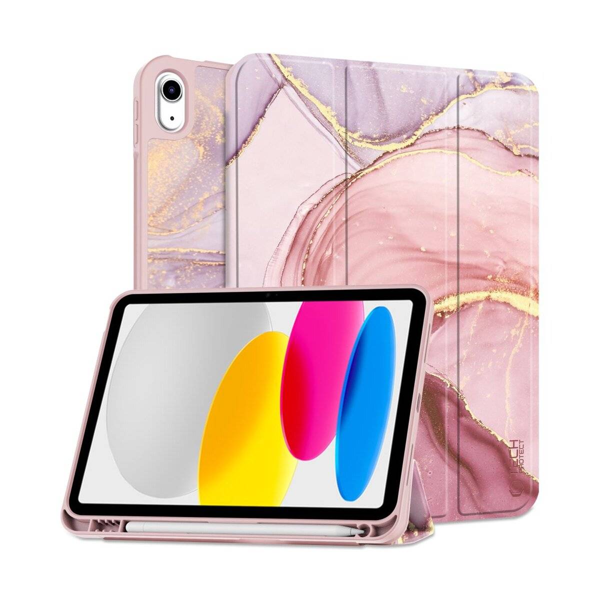 Ein Tablet mit einem bunten Bildschirm ist in einem rosa- und goldmarmorierten Gehäuse gestützt und wird offen und geschlossen angezeigt.
