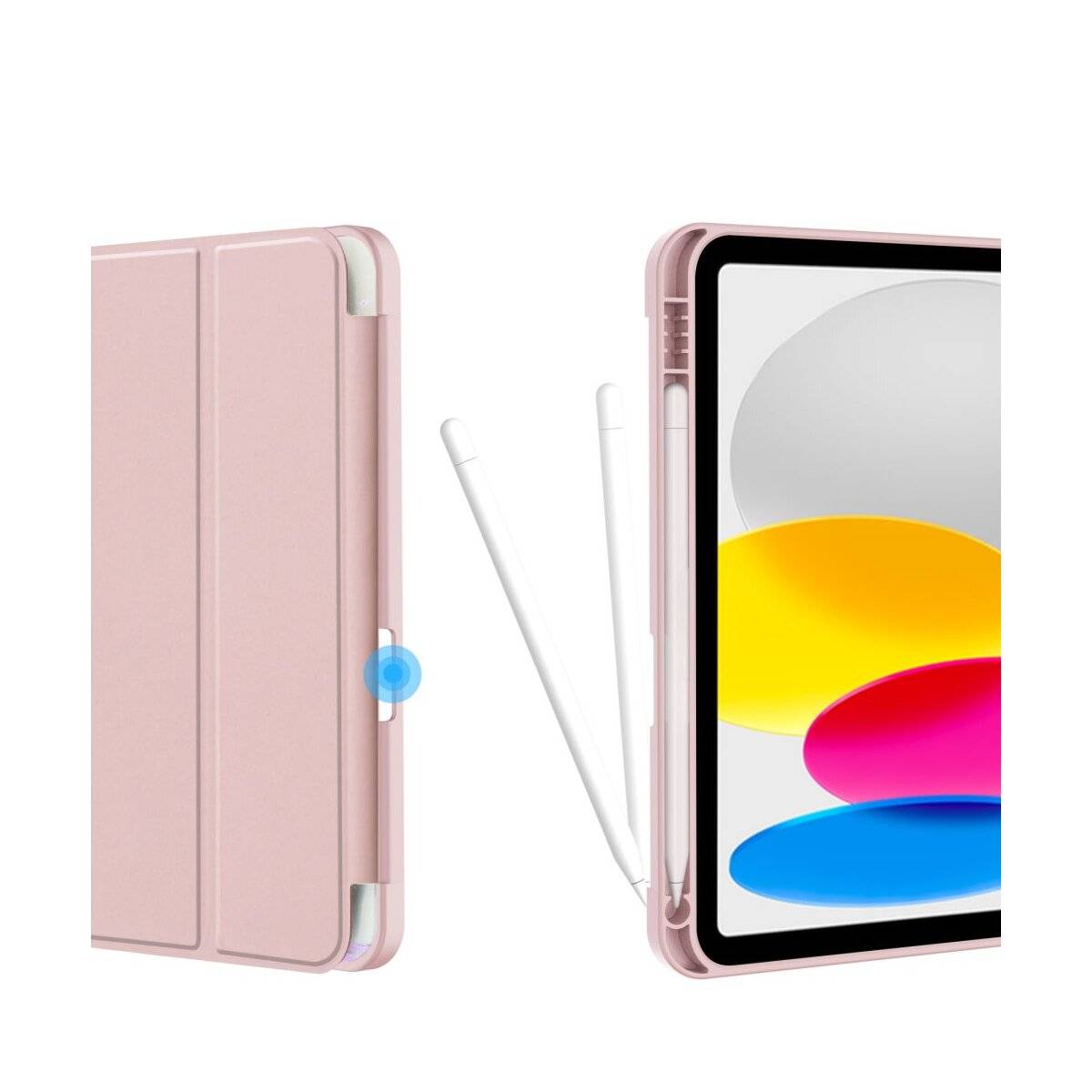 Rosa Tablet-Schutzhülle mit Stift-Halter, geöffnet mit farbenfrohem Display und geschlossene Ansicht, die den magnetischen Verschluss zeigt.