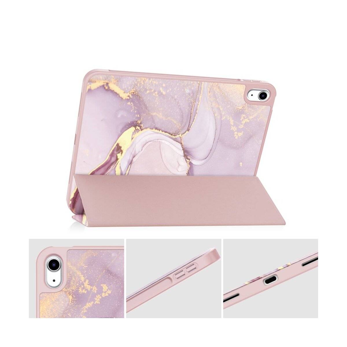 Rosa- und goldmarmor-gemustertes Tablet-Case mit klappbarem Ständer. Drei Nahaufnahmen zeigen Details der Textur des Cases und der Anschlüsse.