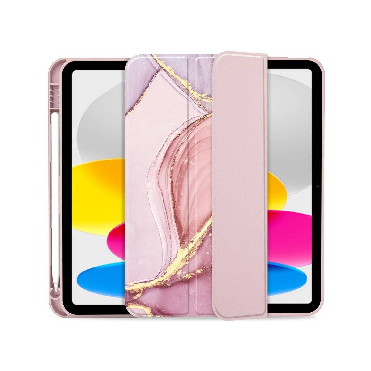 Ein Tablet mit einem farbenfrohen Bildschirm ist teilweise von einem rosa und gold marmorierten Etui bedeckt. Ein Stylus ist an der Seite des Tablets befestigt.