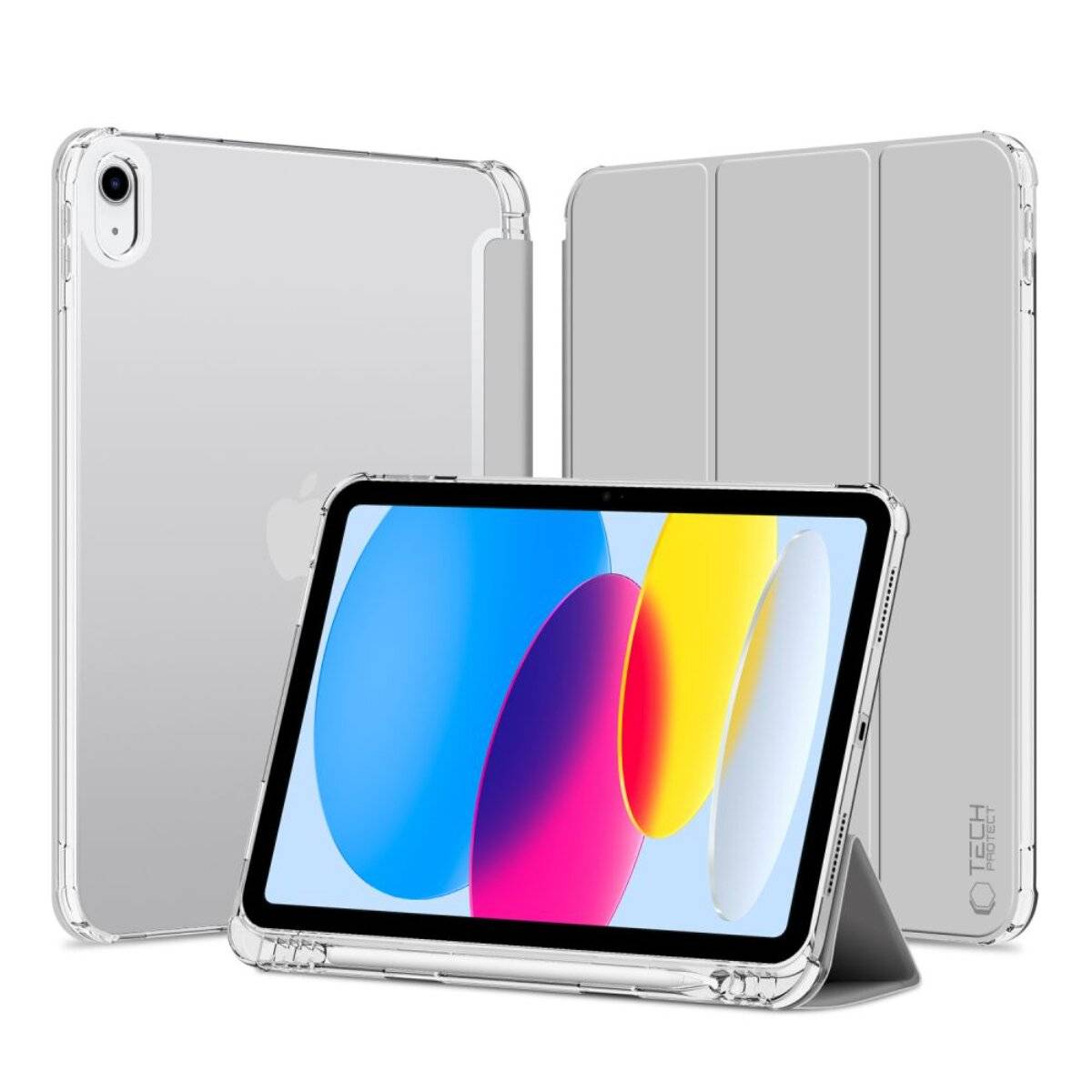 Ein transparatives Tablet-Etui wird aus drei Winkeln gezeigt und präsentiert die Passform auf einem Tablet mit farbenfrohem Display. Das Etui verfügt über einen klappbaren Deckel.